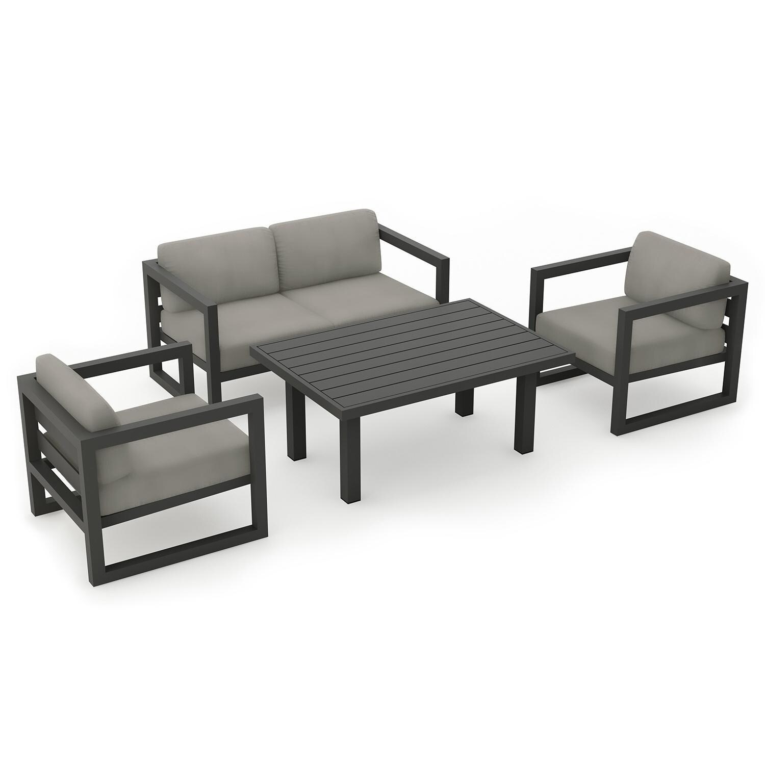 Misty Cove 4 Piece Seating Set in Slate w/Chat Table & Canvas Charcoal Cushions by Lakeview - Top Angle View - White Background thumbnail