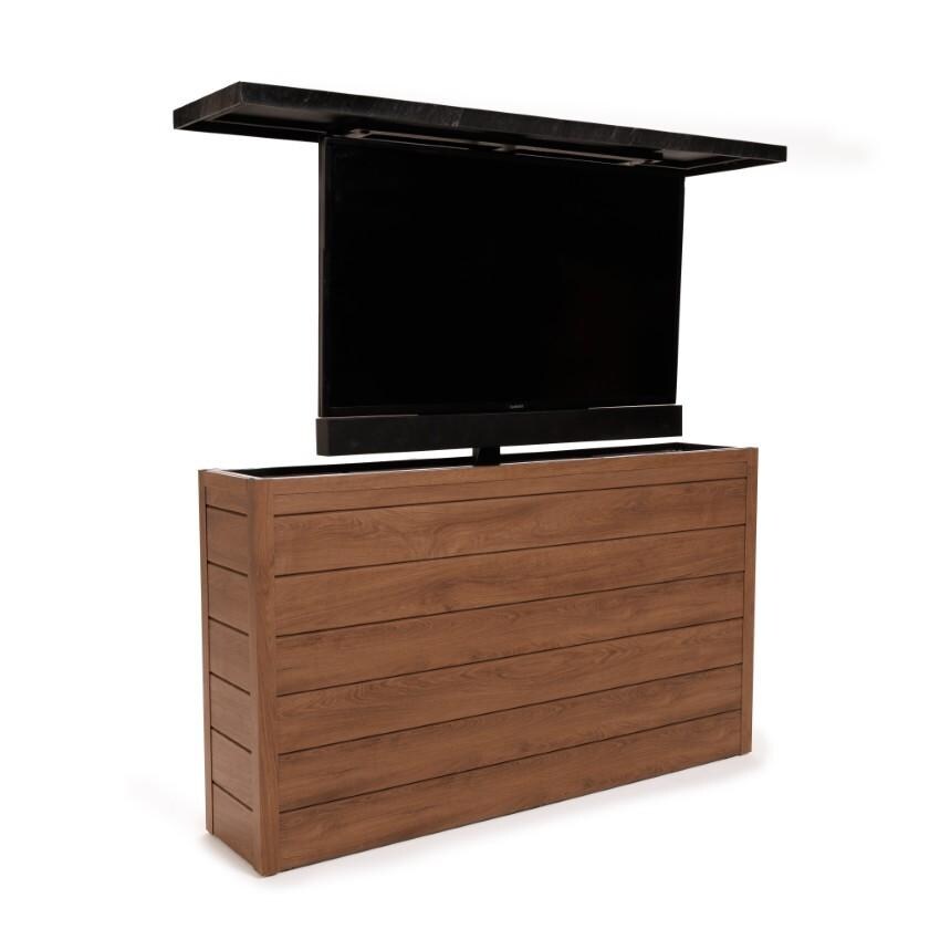 BBQGuys Signature 72 Inch 360 Degree Swivel Outdoor TV Lift Cabinet | Toffee w/ Black Granite - Raised Angled Right w/ TV (Not Included) - White Background thumbnail