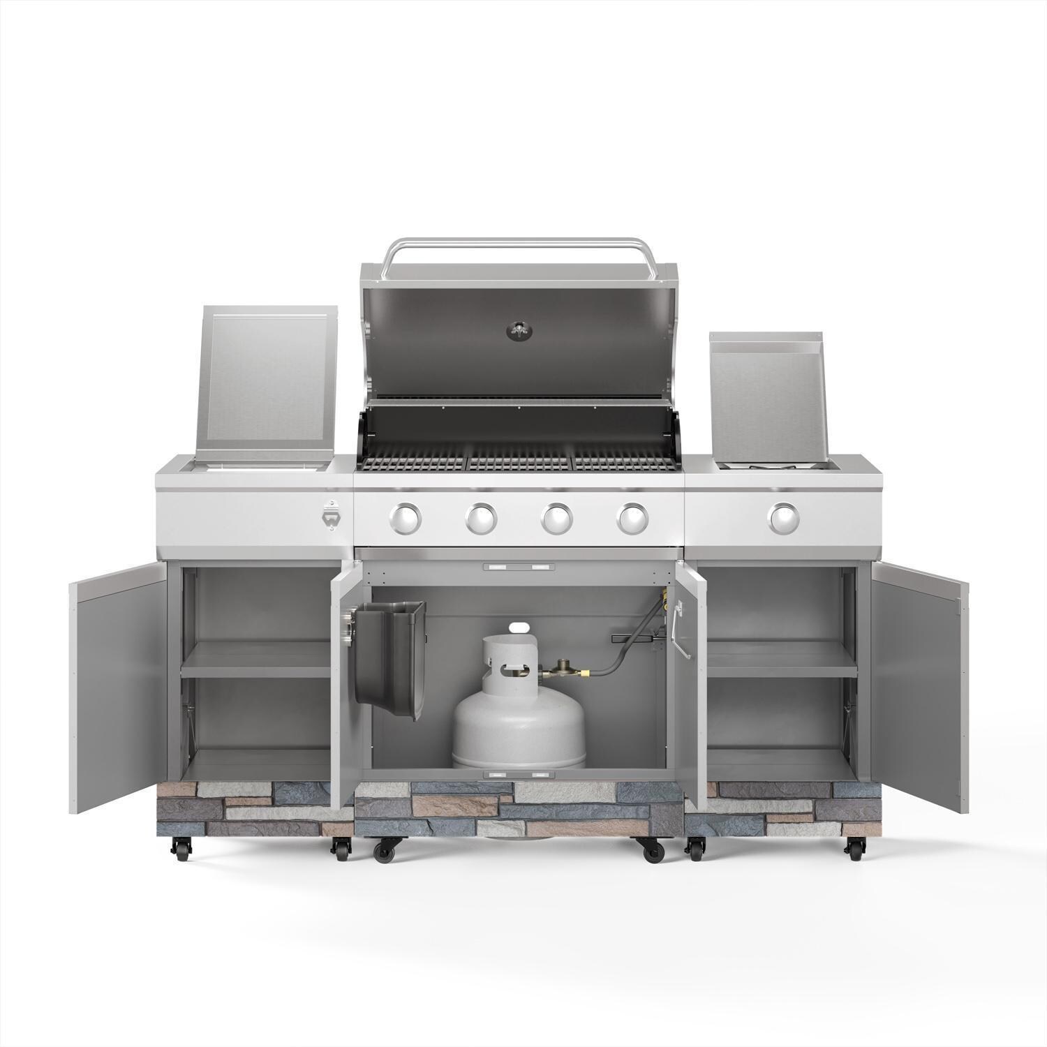 TYTUS Fresno Series 4-Burner Stainless Steel + Ash Stone Natural Gas BBQ Island (Ships Propane w/ Conversion Kit) - Open - White Background thumbnail