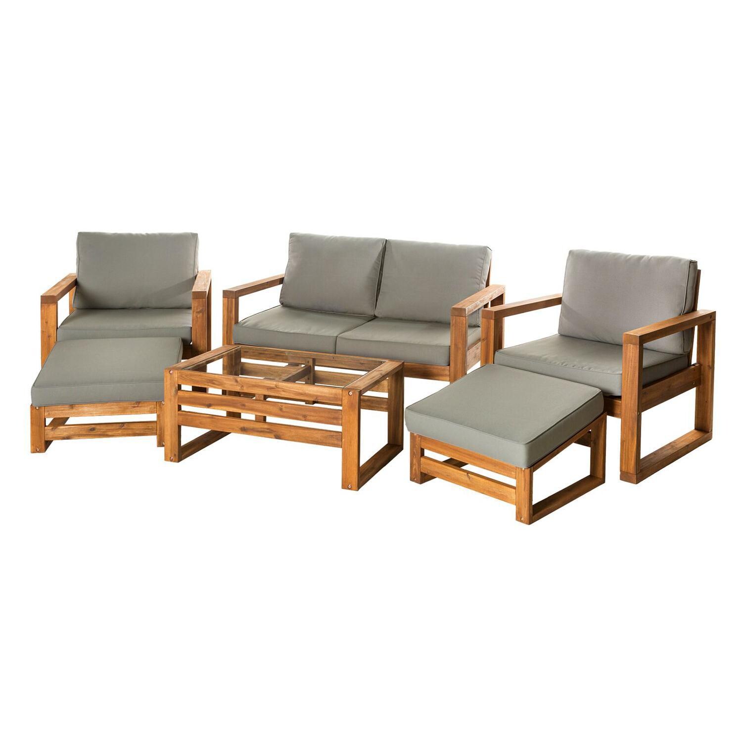 Ultimate Patio Window Bay 6 Piece Acacia Patio Conversation Set W/ Gray Cushions - Angled View thumbnail