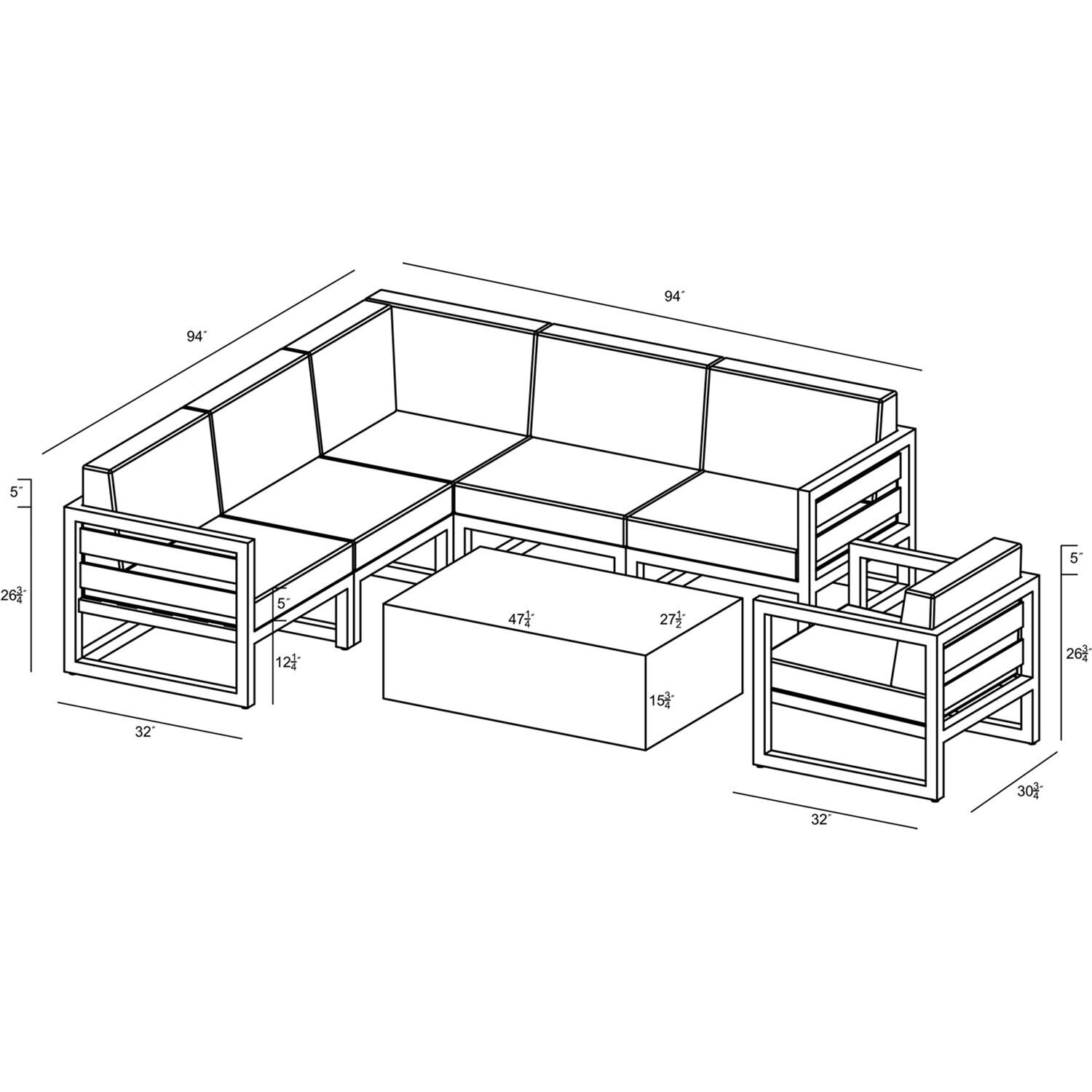 Lakeview MSTYMAS-BK-7SEC-HN Misty Cove 7 Pc Aluminum Sectional Set in Black w/Coffee Table & Canvas Henna Cushions by Lakeview Outdoor Designs - Line Drawing - Dimensional thumbnail