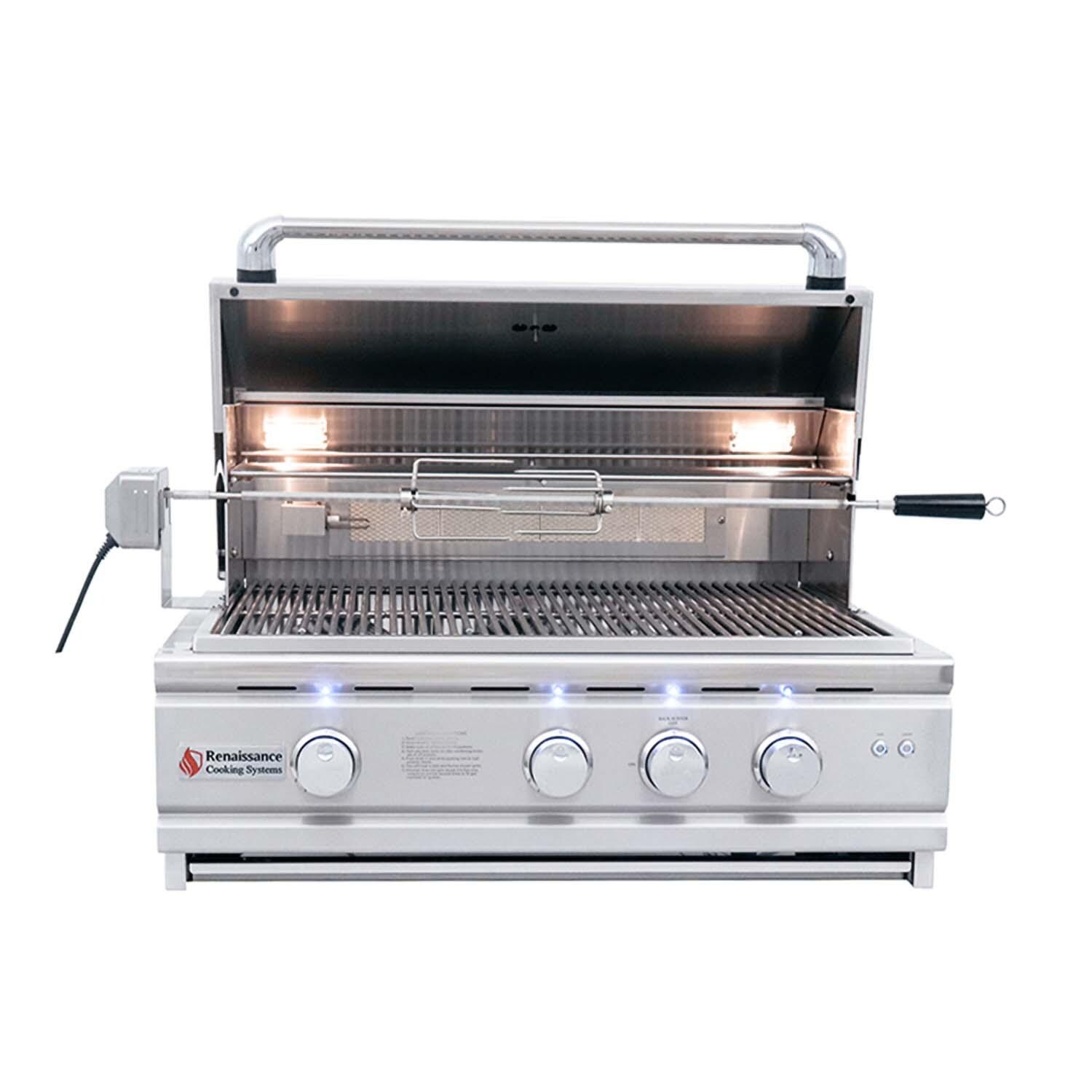 RCS RON30BLP Cutlass Pro 30 Inch Built-In Propane Grill - Lights On & Rotisserie Motor Attached - White Background thumbnail