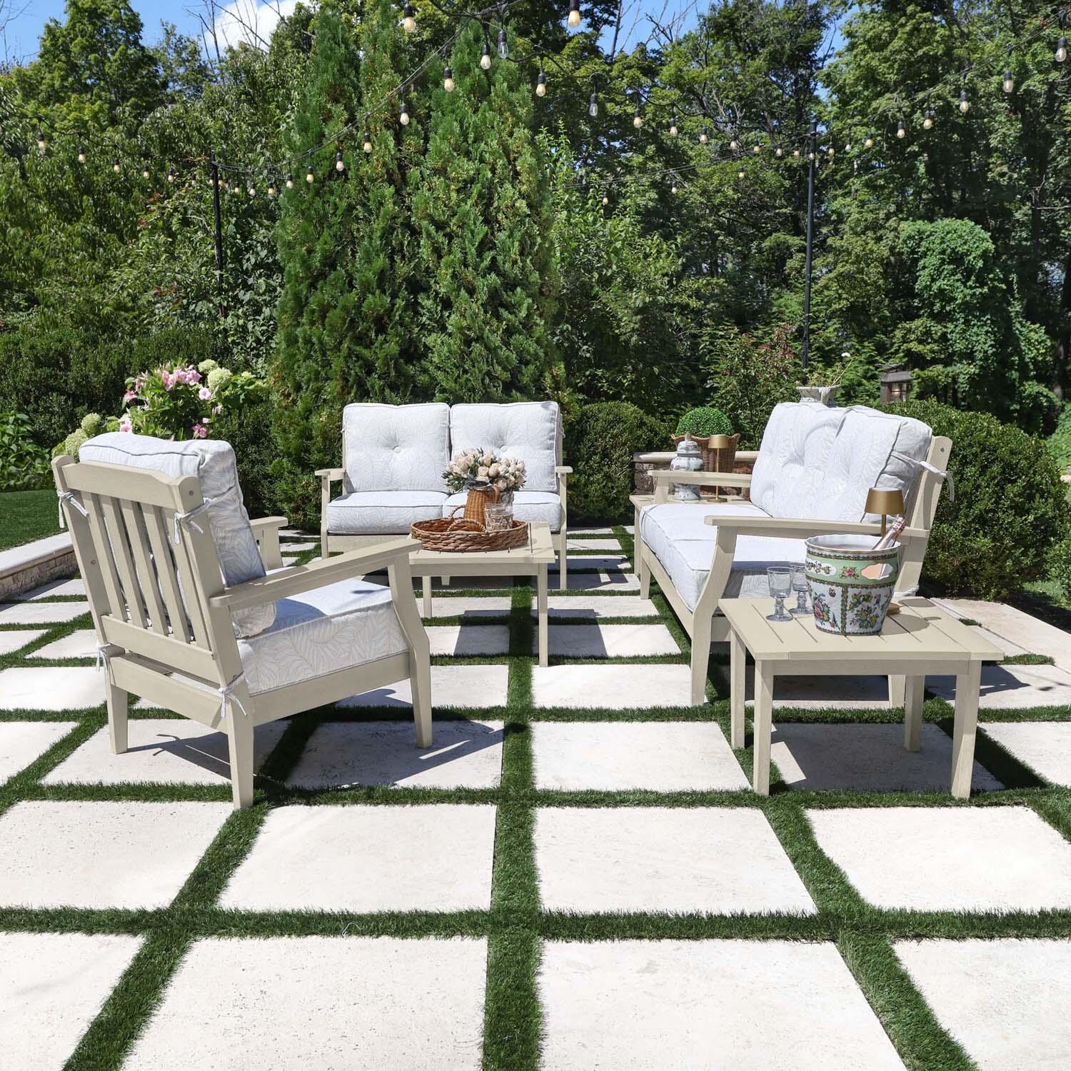Blushing Bay 6 Pc Recycled Plastic Grand Seating Set in Lively Parchment/Whitewash by Lakeview Outdoor Designs - Side View - Lifestyle thumbnail