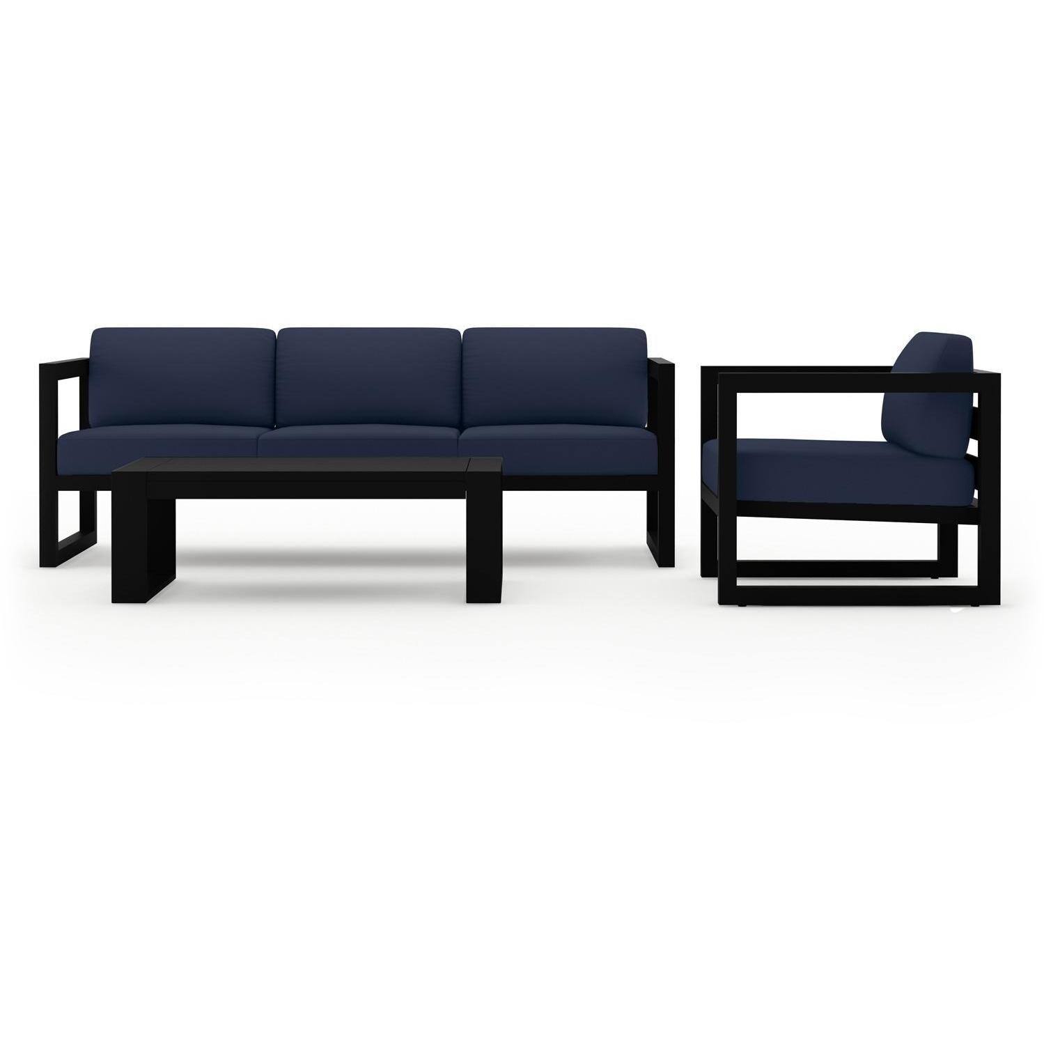 Lakeview MSTYCV-BK-3SS-IN Misty Cove 3 Pc Aluminum Seating Set in Black w/Portal Coffee Table & Spectrum Indigo Cushions by Lakeview Outdoor Designs - Set Front View - White Background thumbnail