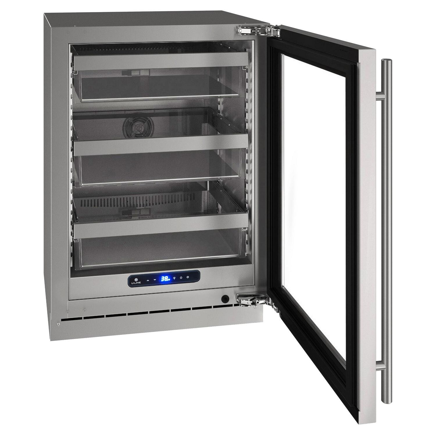 U-Line UHRE524-SG01A 5 Class 24-Inch 5.2 Cu. Ft. Compact Refrigerator With Glass Door - Stainless Steel - Open View thumbnail
