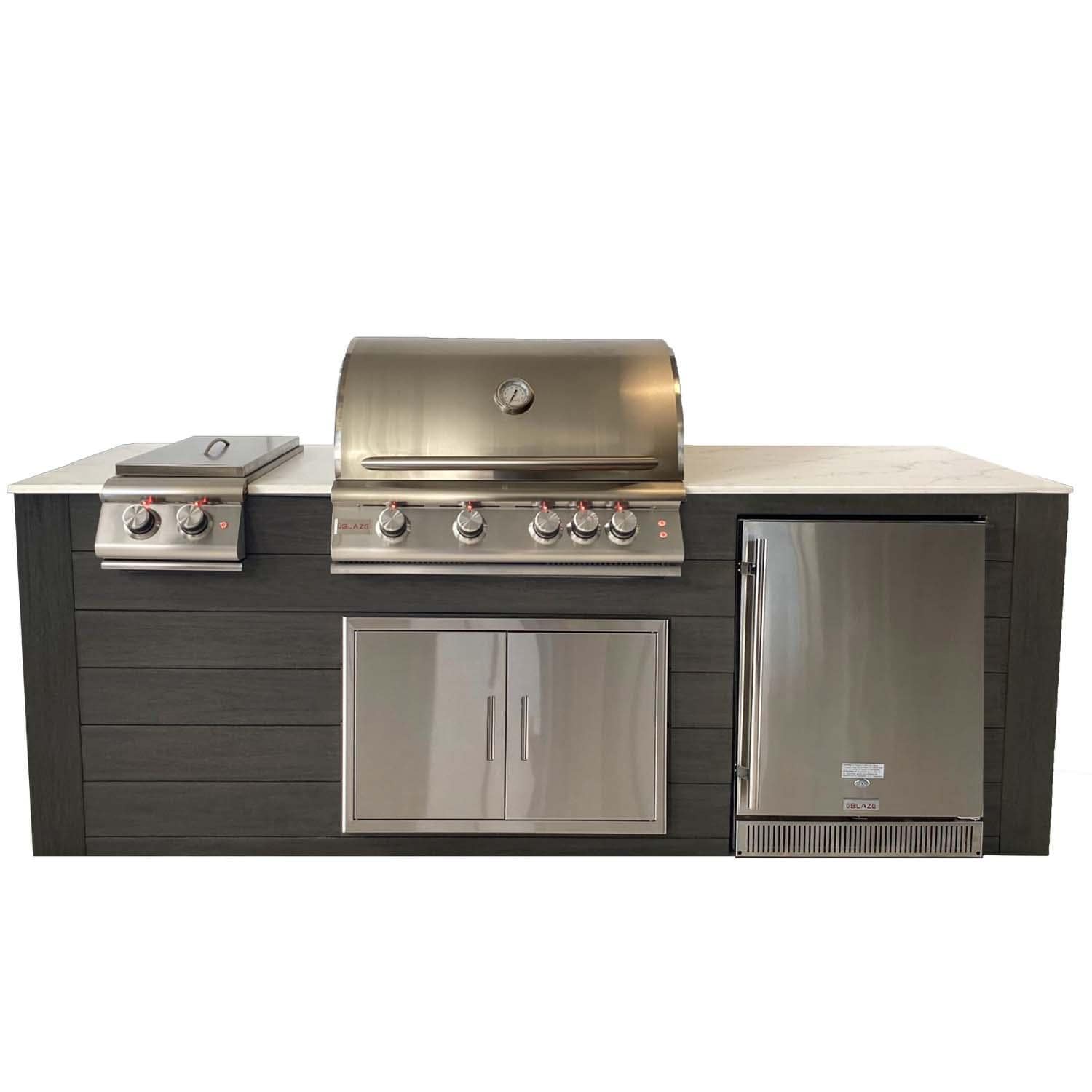 Pro-Fit 8 Ft Outdoor Kitchen Island w/ Blaze LTE 32-in Natural Gas Grill, Double Side Burner & Refrigerator - Onyx / Bianco Giulia A Satin