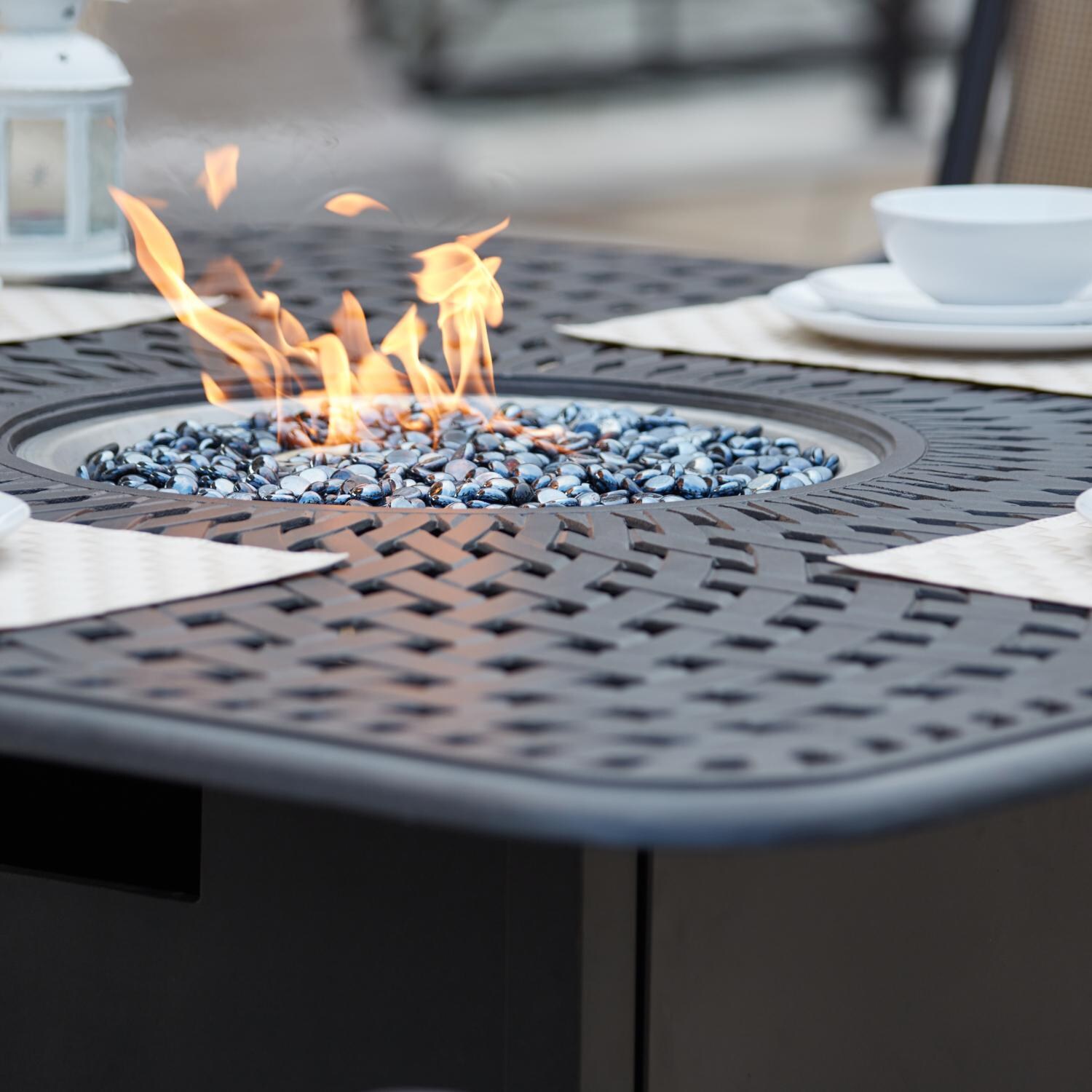 Darlee 301110-9PC-60GW Monterey 9 Piece Cast Aluminum Sling Patio Fire Pit Dining Set W/ 64 Inch Square Table - Table Detail thumbnail