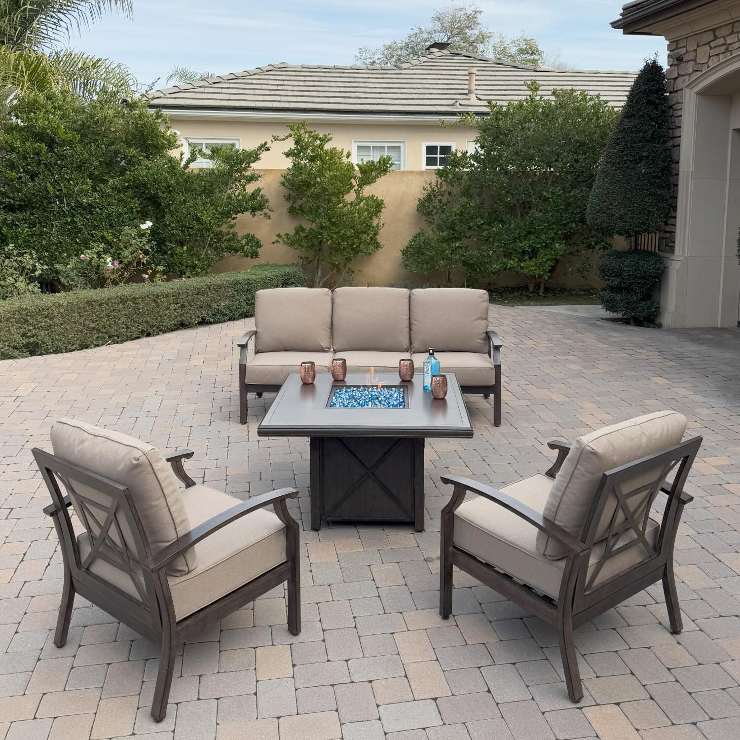 Atlantis 4 Pc Aluminum Fire Pit Seating Set w/ 2 Club Chairs & Sofa in Walnut/Beige by Darlee