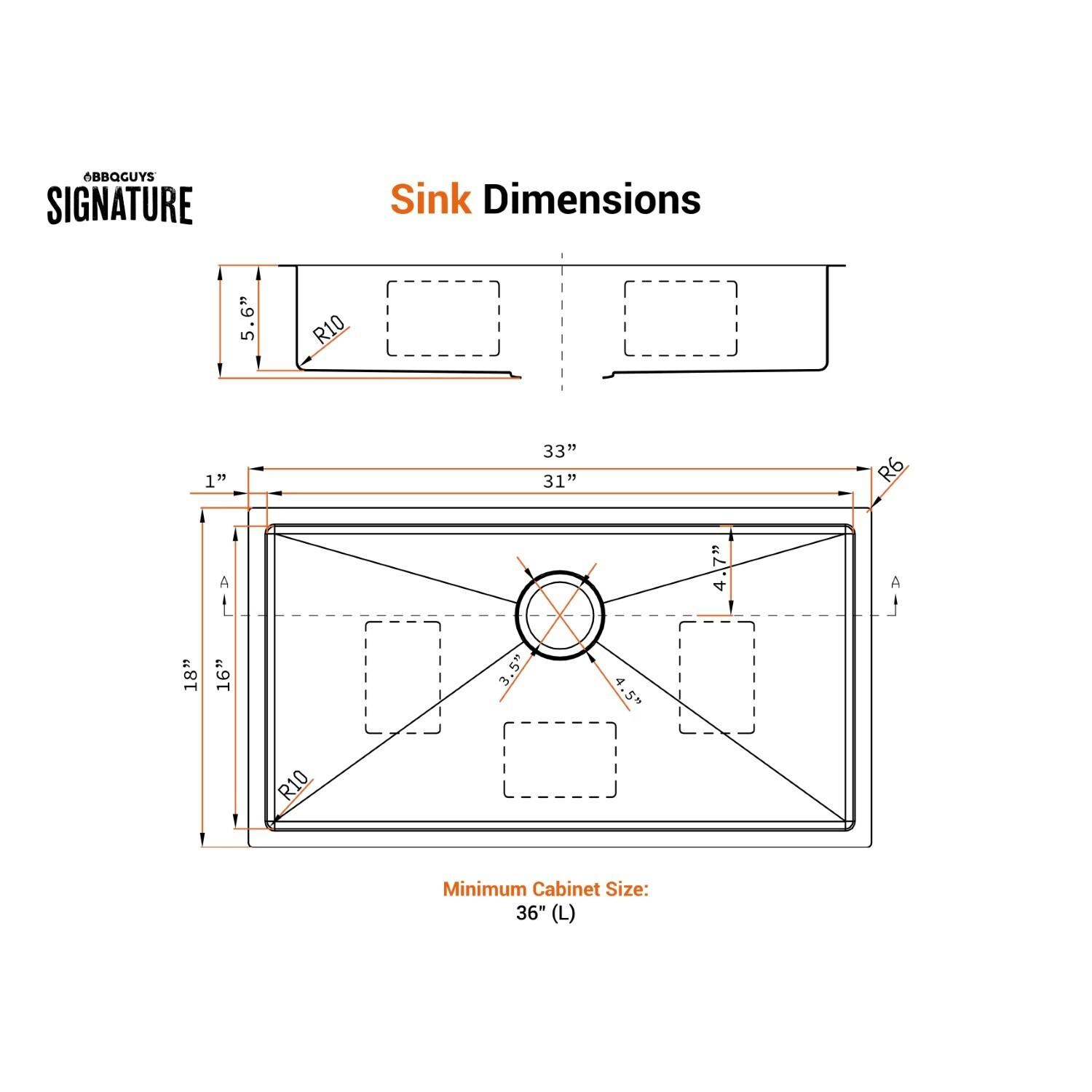 BBQGuys Signature Undermount Stainless Steel 33-Inch Single Bowl ADA Sink W/Grid and Strainer - Dimensional thumbnail