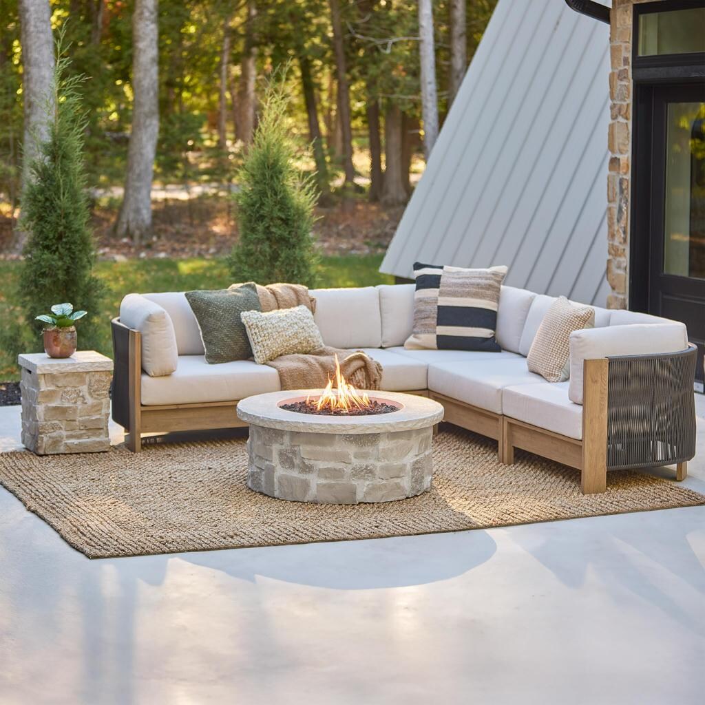 Heritage 7 Pc Sectional Seating Set w/ 40-in Round Stone Propane Fire Pit & Tank Cover in Beige by Lakeview - Lifestyle thumbnail
