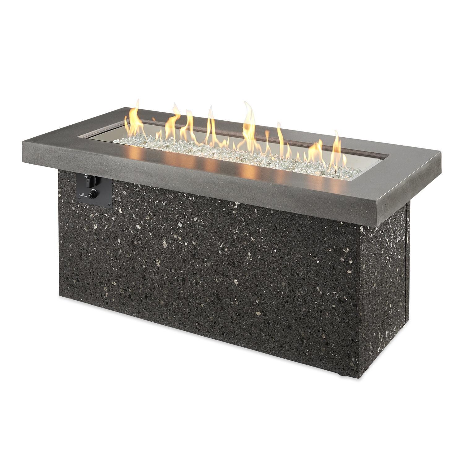 Key Largo 54 Inch Direct Spark Ignition Rectangular Stucco Natural Gas Fire Pit Table in Midnight Mist By The Outdoor GreatRoom Company - Flame - White Background thumbnail