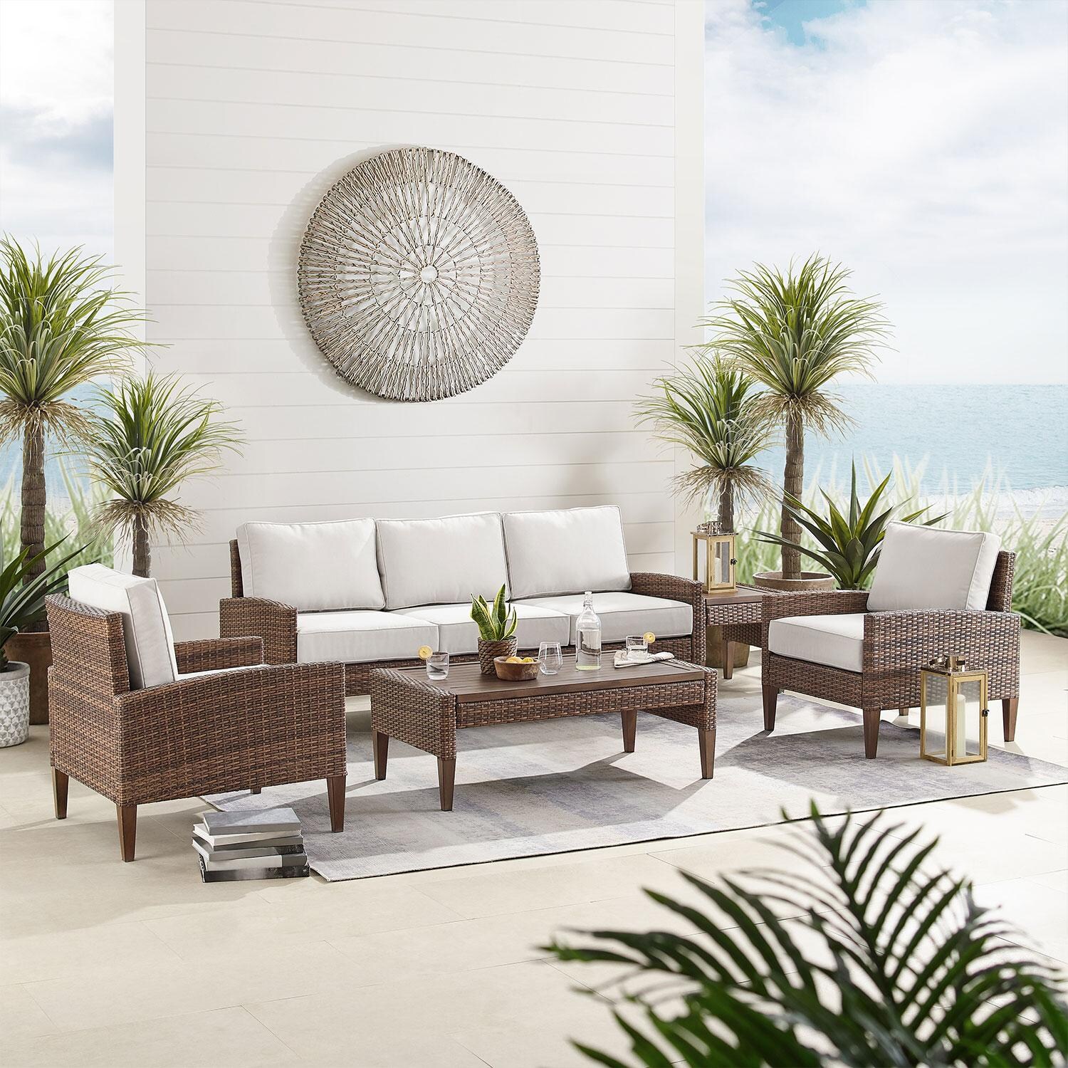 Ultimate Patio UP-92430BR-CR 5Pc Wicker Outdoor Sofa Patio Furniture Set in Creme - On Patio - Lifestyle thumbnail
