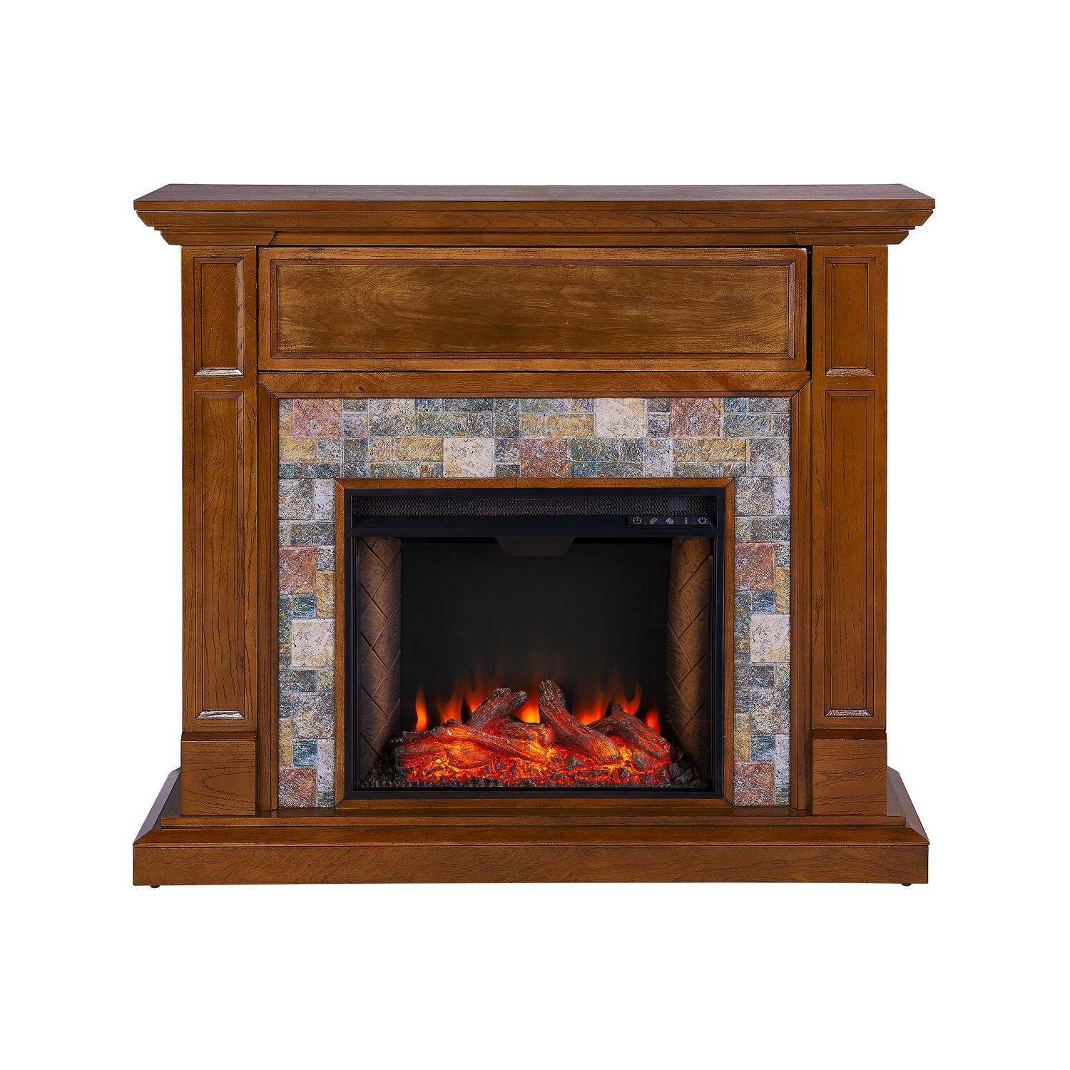 Southern Enterprises FS9319 Vogelsdon 48-Inch Electric Fireplace W/ Alexa-Enabled Smart Firebox - Dark Sienna W/ Faux Stone - Front View thumbnail