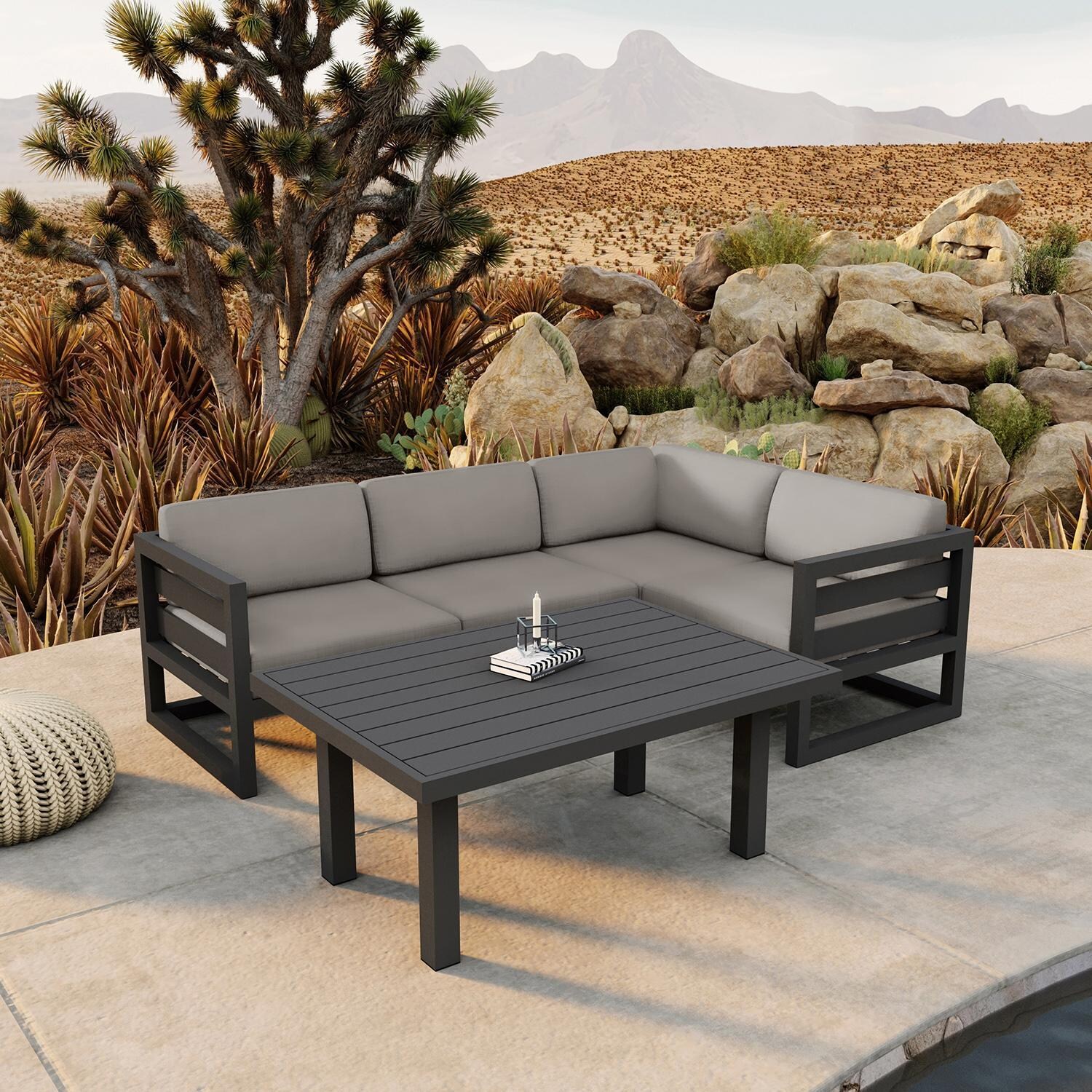 Misty Cove 5 Piece Sectional Set in Slate w/Chat Table & Canvas Charcoal Cushions by Lakeview - Lifestyle thumbnail
