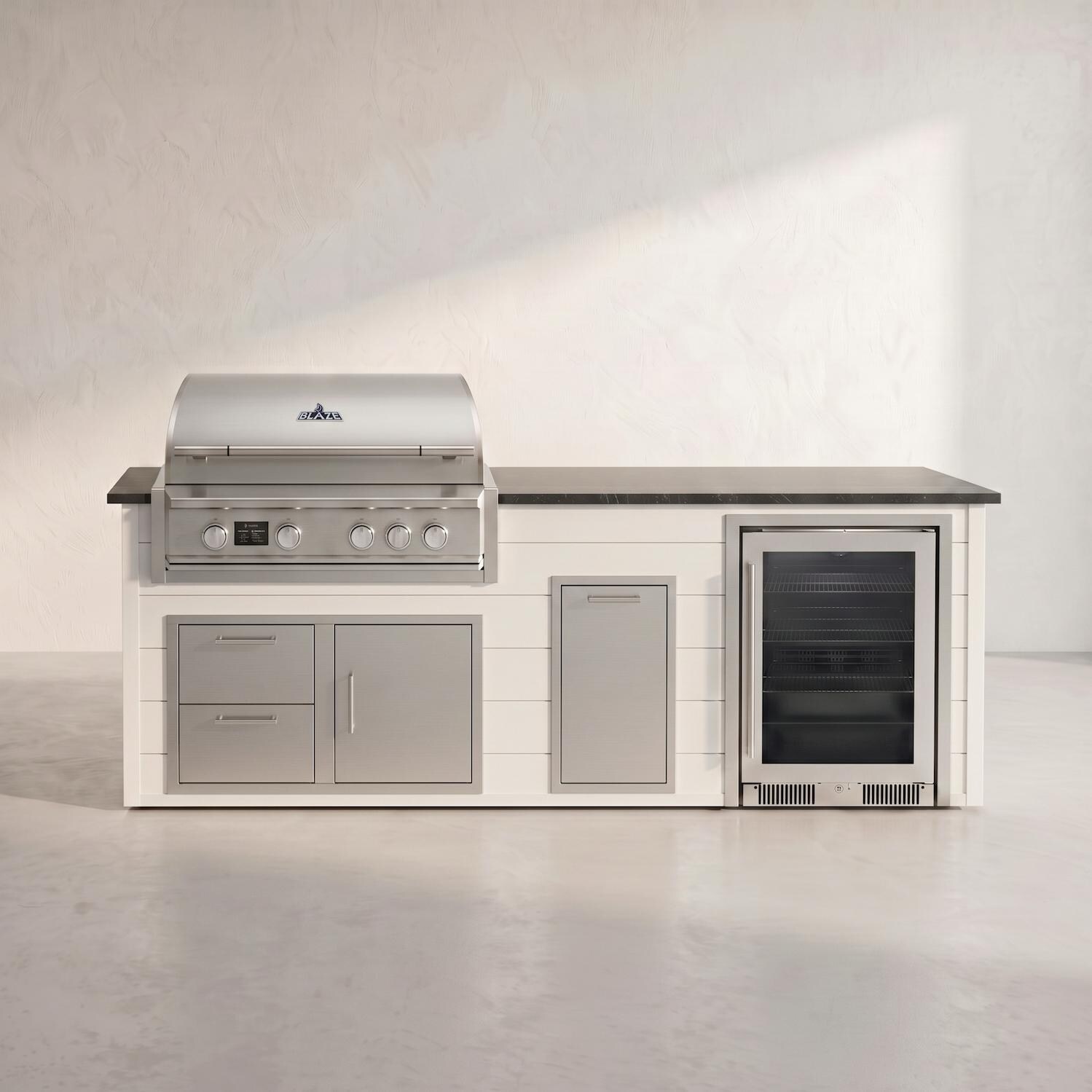 BBQGuys Signature 8 Ft Grill Island w/ 32-in Natural Gas Blaze Premium LTE Pro Grill, Beverage Center, Narrow Trash Bin & Door & Drawer | Crystal White w/ Nero Mist Granite - Front - Studio thumbnail