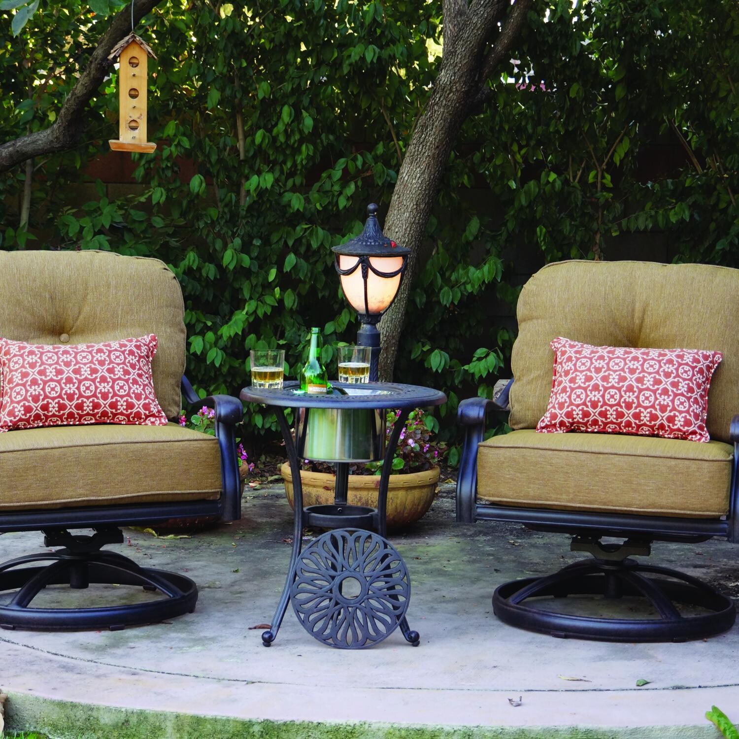 Darlee Elisabeth 3 Piece Cast Aluminum Patio Conversation Seating Set With Swivel Rocker Chairs - End Table With Ice Bucket Insert