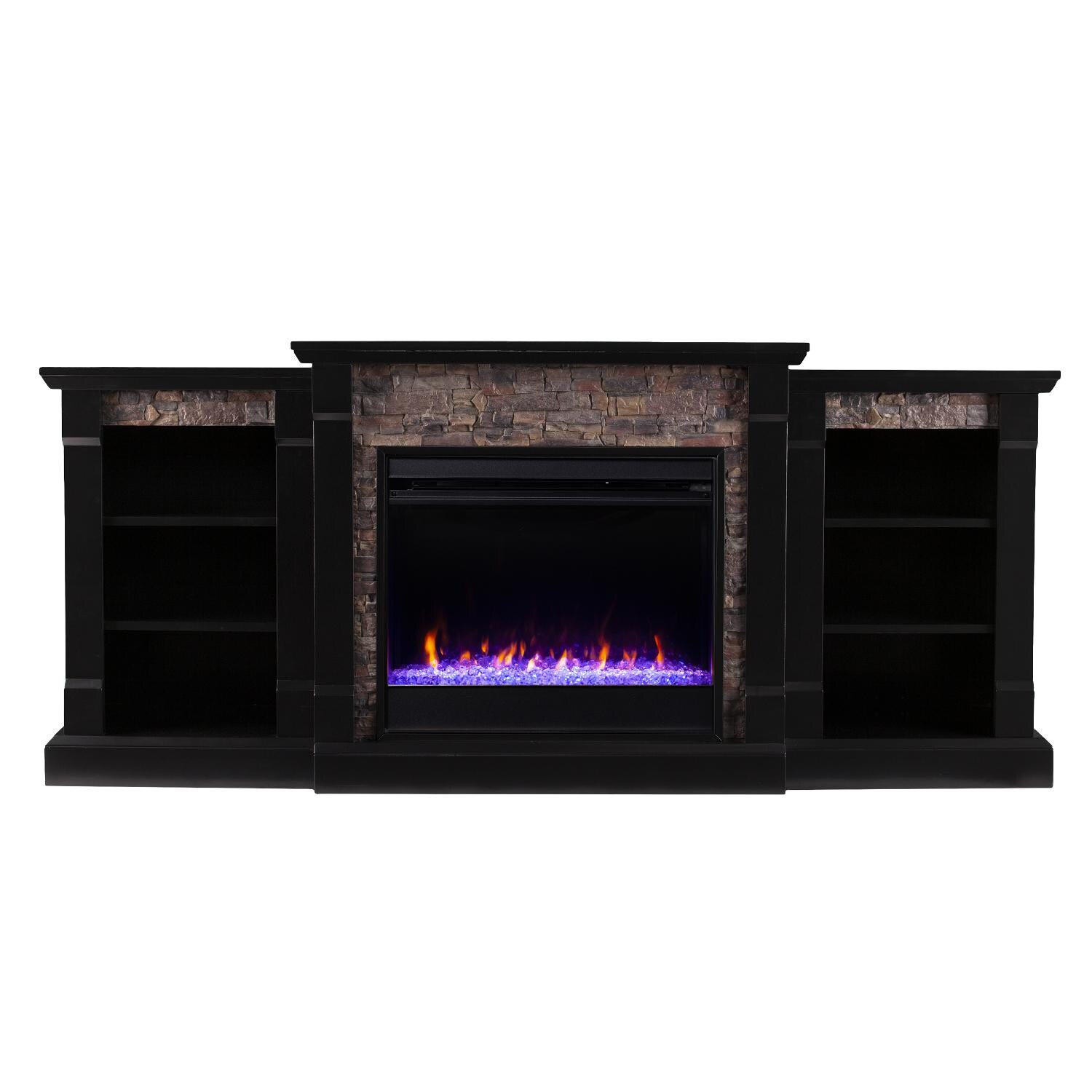 Southern Enterprises FC8525 Gallatin 71-Inch Color Changing Electric Fireplace W/ Bookcases - Satin Black W/ Black River Faux Stone - Front View thumbnail