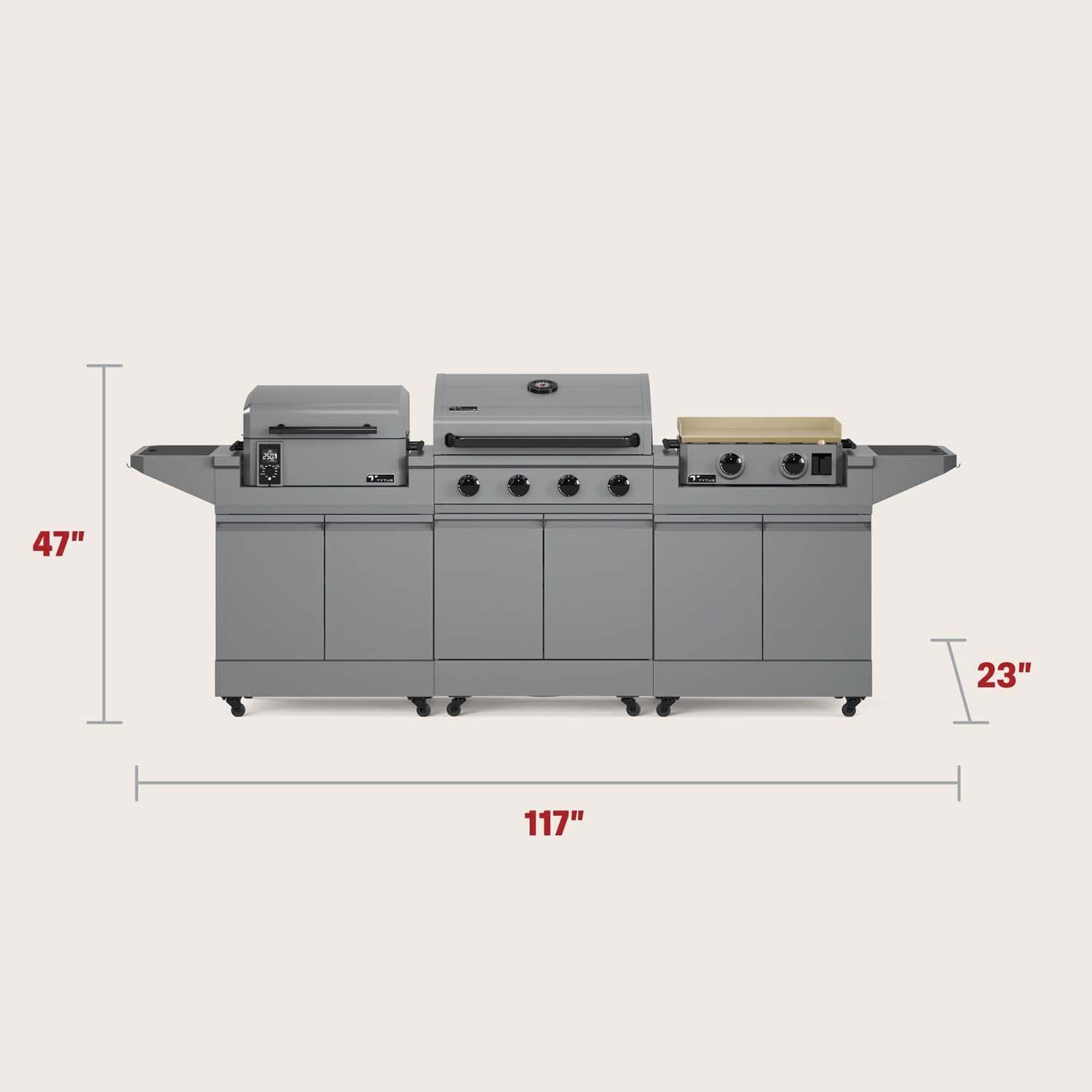 TYTUS TDT-BUN-009 Modular Grilling Collection 32 Inch Propane Gas Grill, Pellet Smoker, and Propane Gas Griddle w/ Cart - Dimensional thumbnail