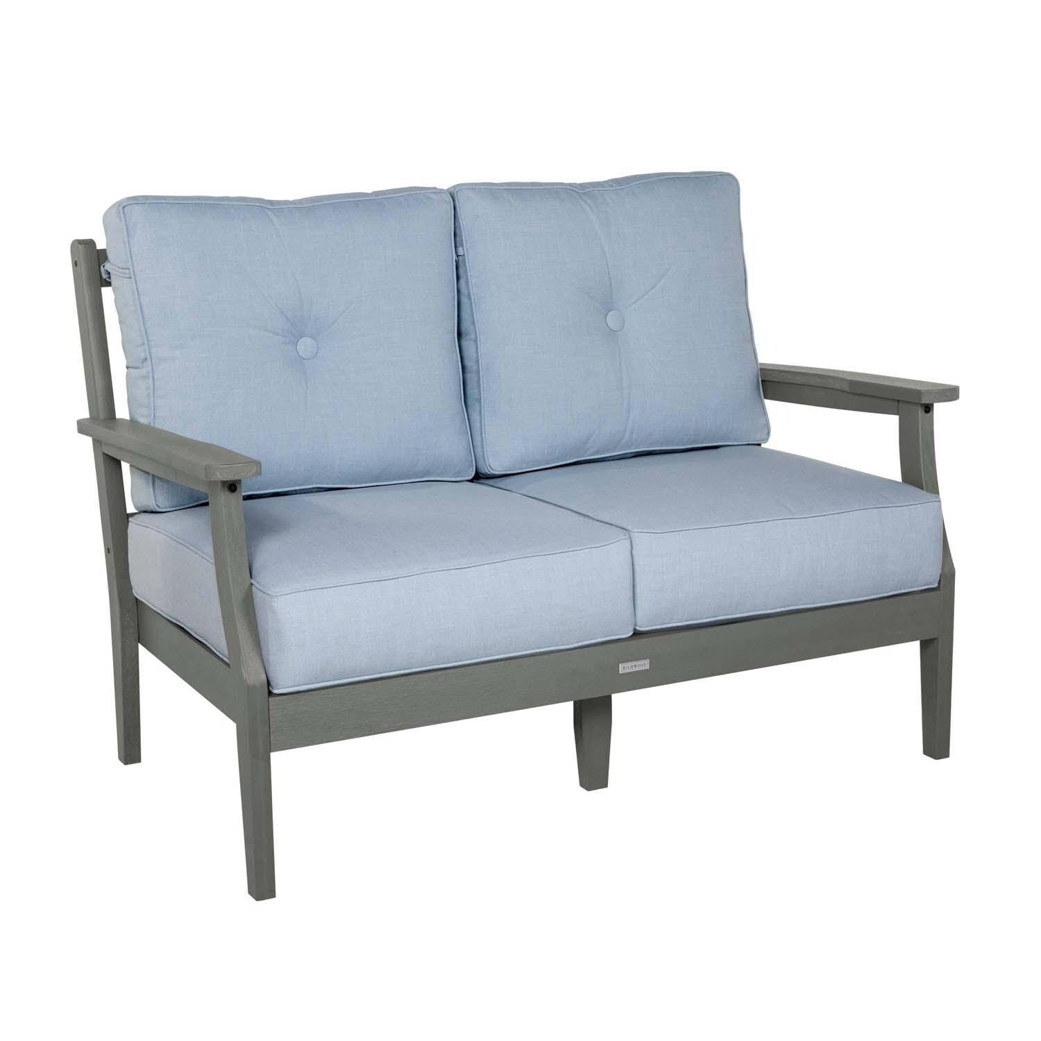 Blushing Bay 2 Person Recycled Plastic Loveseat in Bliss Dew/Coastal Teak by Lakeview Outdoor Designs - Left Angled - White Background thumbnail