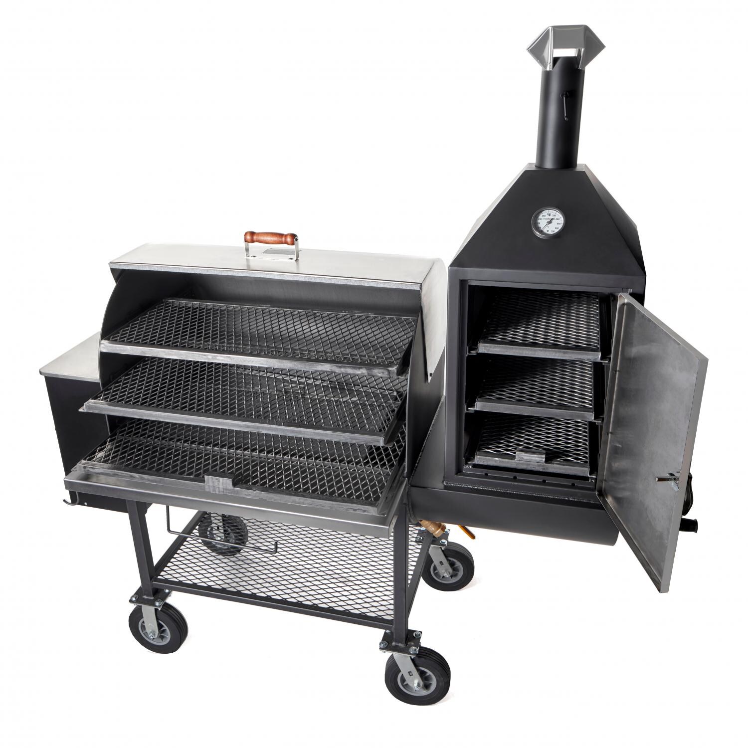 Pitts & Spitts P-MAV2000-US Maverick 2000 Pellet Grill W/ Upright Smoke Box - Open Grates Out thumbnail