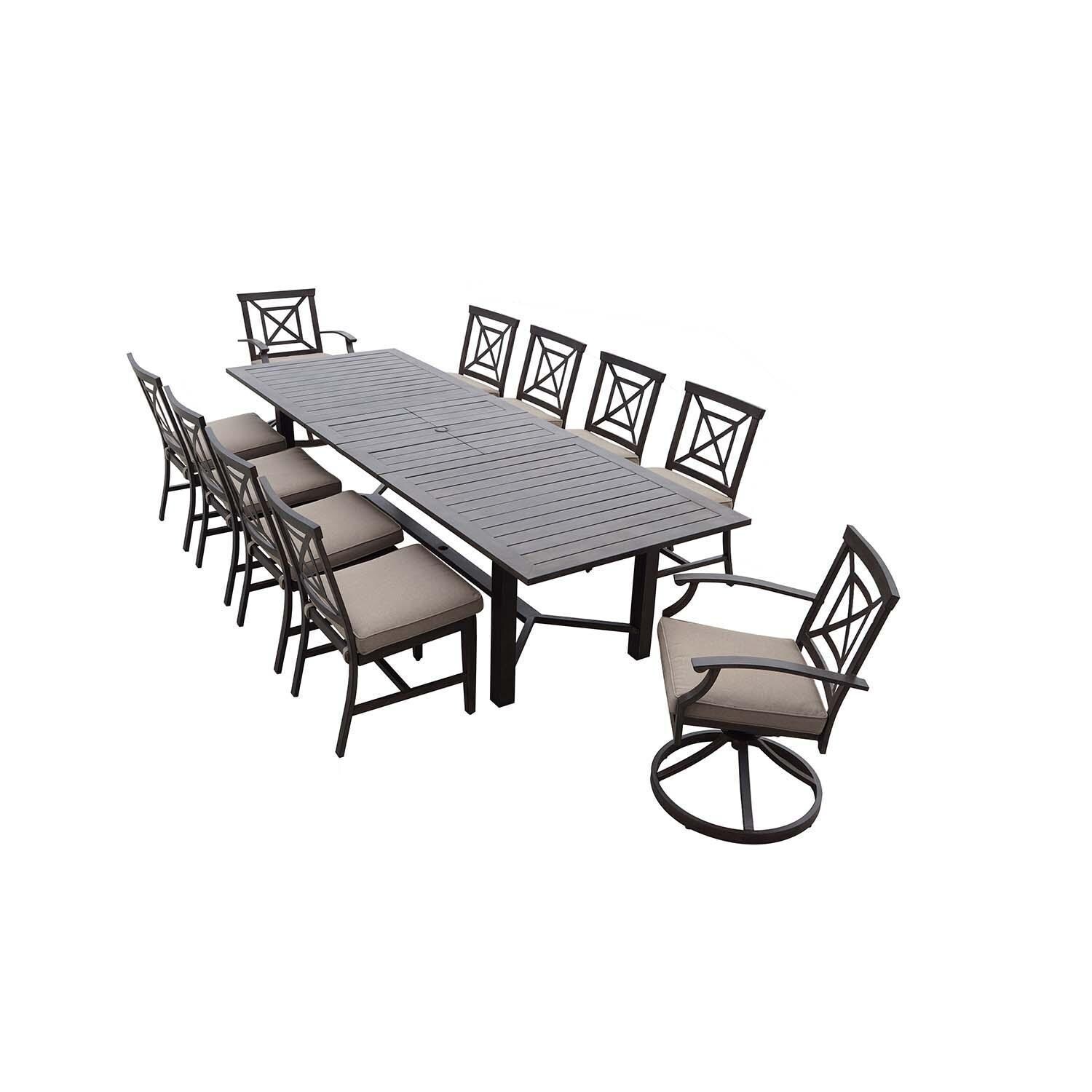 Atlantis 11 Pc Aluminum Dining Set w/ 118 Inch Table, Swivel Rockers, and Beige Cushions in Walnut By Darlee - Set - White Background thumbnail