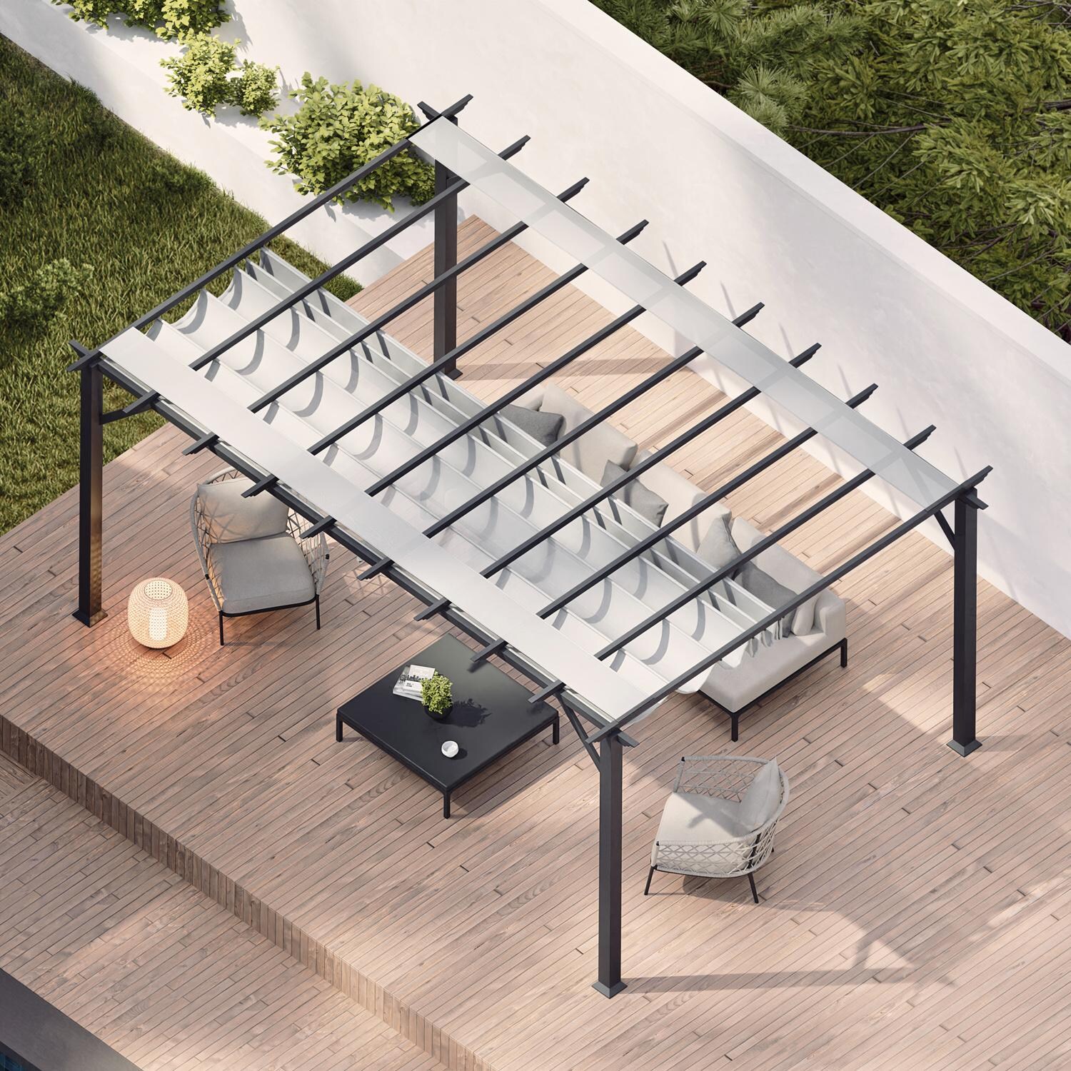 Paragon Outdoor PR16GRYW Florence 11' x 16' Gray Pergola w/ White Canopy - From Above - Lifestyle thumbnail