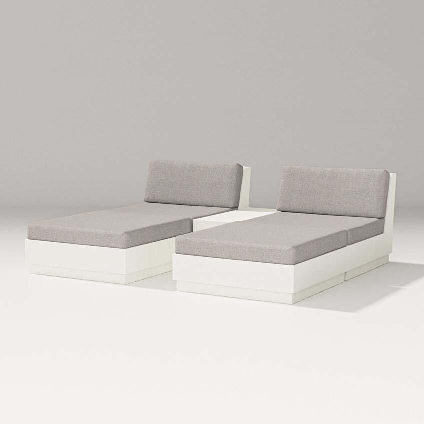 Elevate 5 Pc Recycled Plastic Double Chaise Lounge Seating Set in Vintage White/Weathered Tweed By PW Designer Series