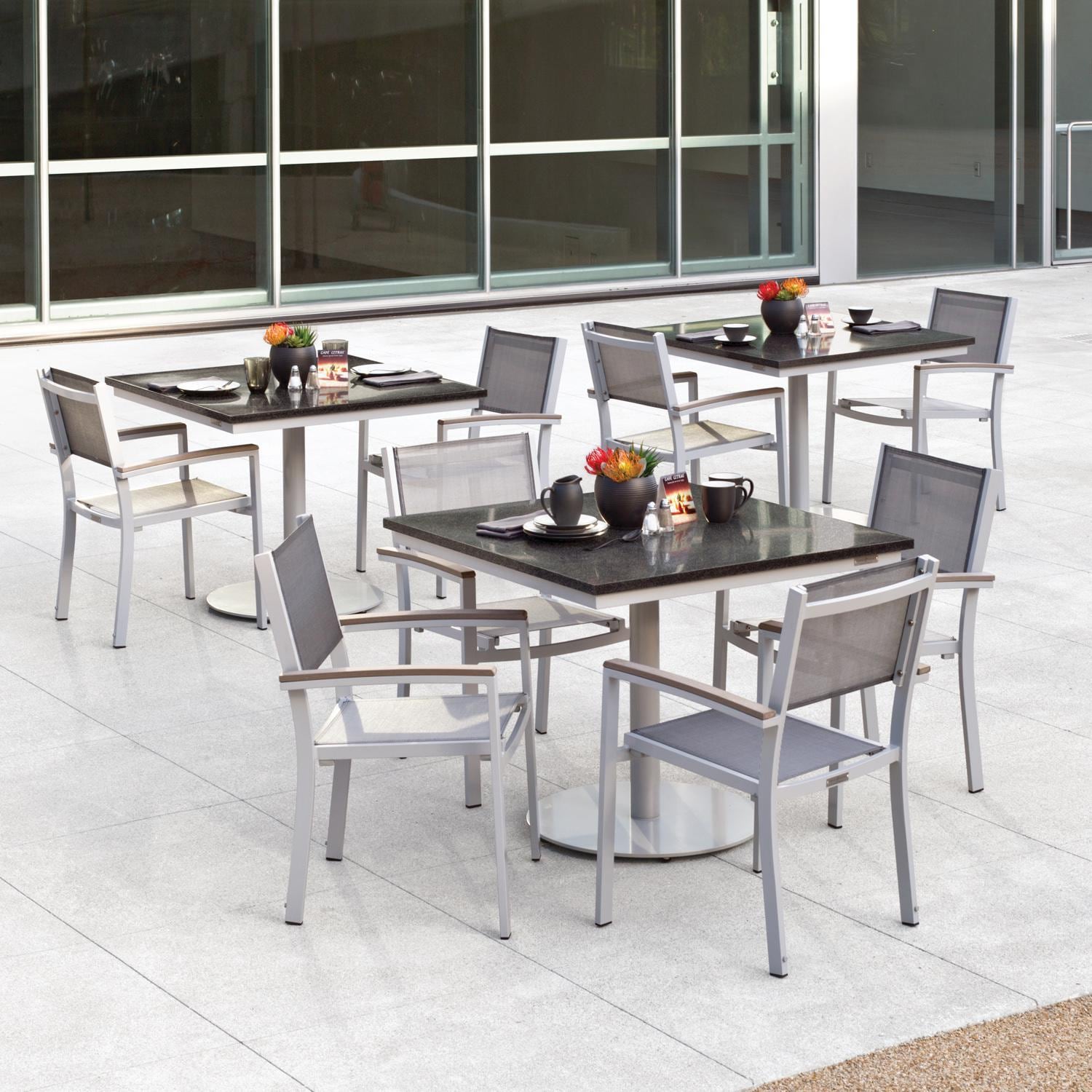 Oxford Garden Travira 4 Pc Composite Sling & Aluminum Dining Chair W/ Vintage Tekwood Arm Caps in Flint/Titanium - Courtyard thumbnail