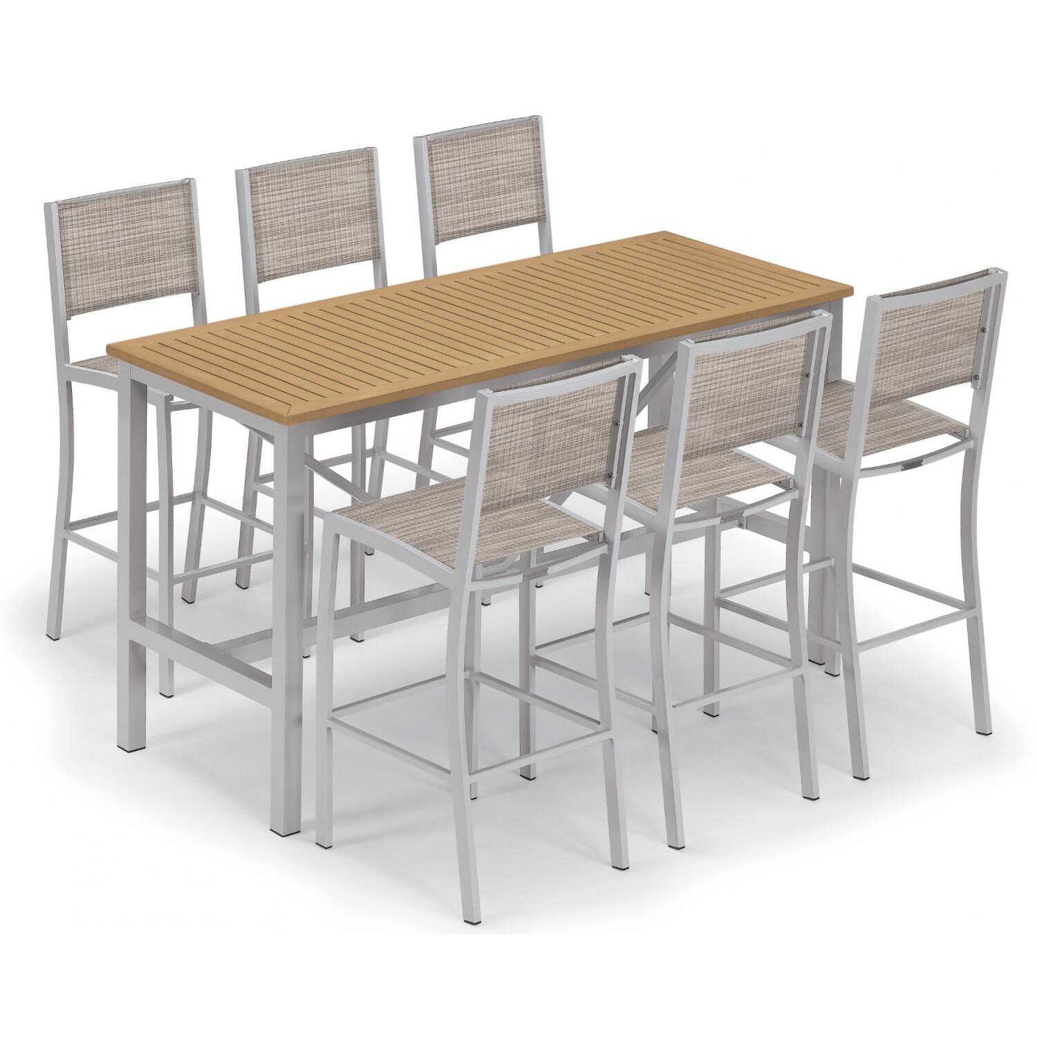 Travira 7 Piece Aluminum Patio Bar Set W/ 72 X 30 Inch Rectangular Table and Tekwood Natural Tabletop By Oxford Garden - Bellows Sling thumbnail