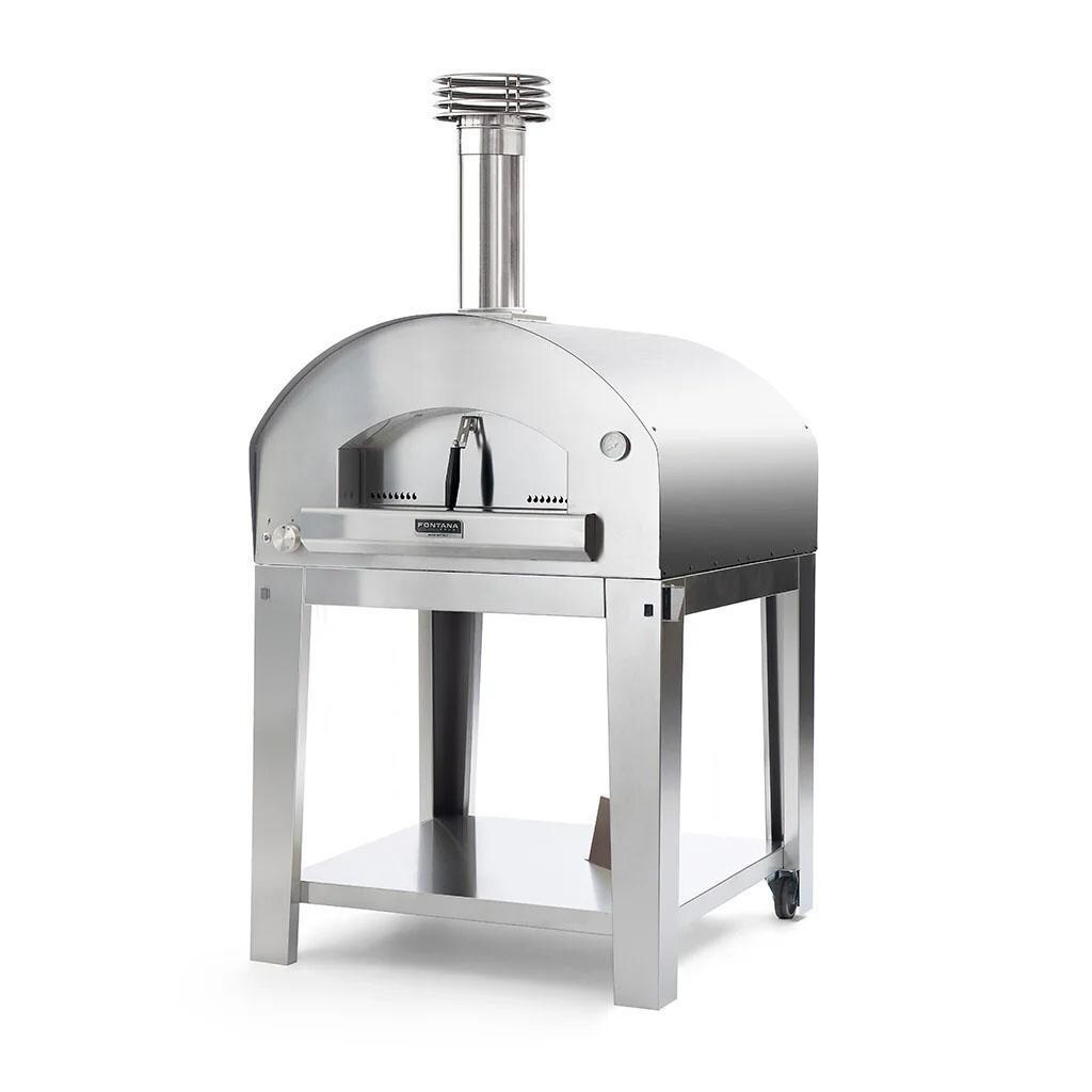 Fontana Forni FTROM-H-S Roma Hybrid Pizza Oven - Stainless Steel - On Portable Cart In Use (Optional) - White Background thumbnail