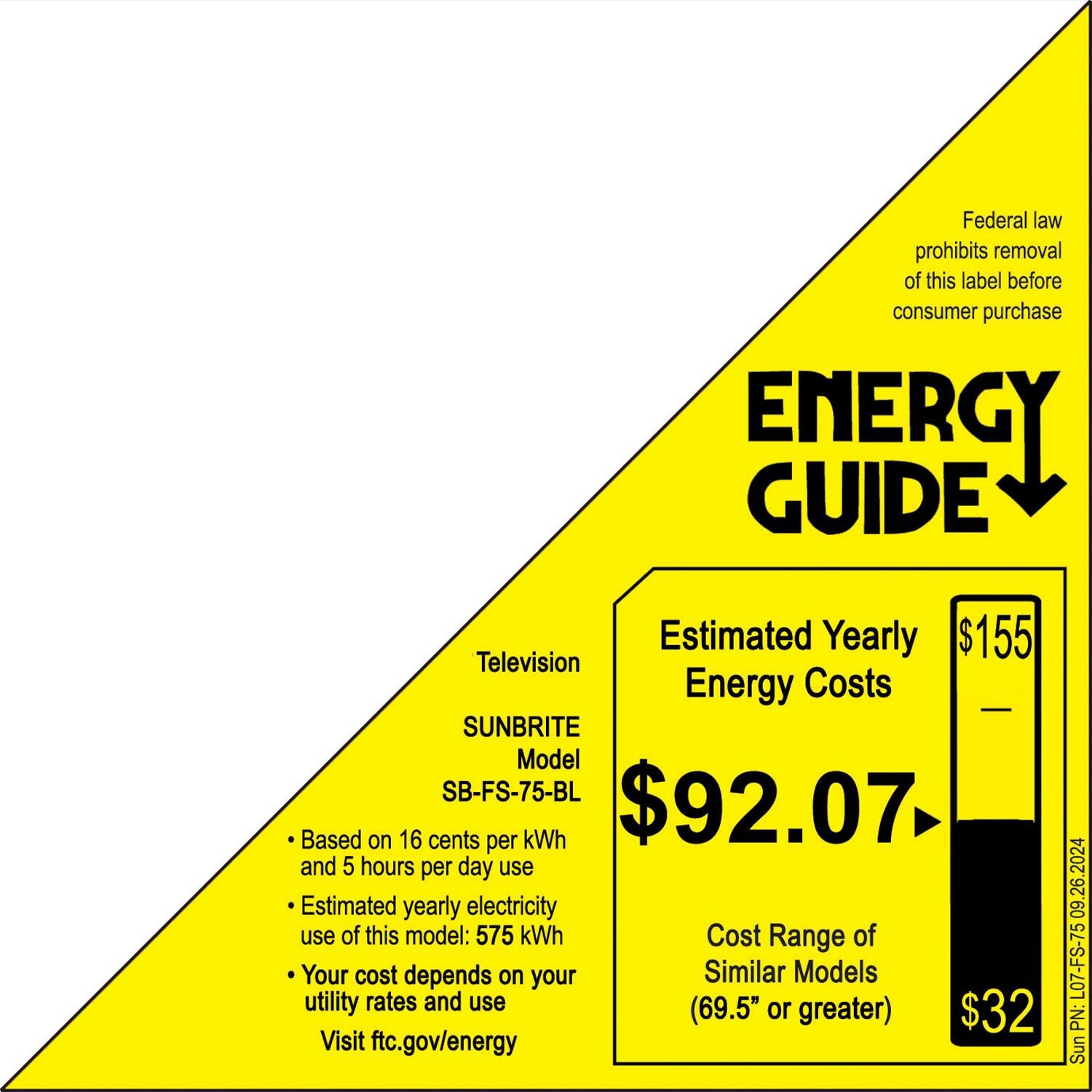 SunBriteTV SB-FS-75-BL Solis Series 75-in Full Sun 4K UHD HDR Outdoor TV - Energy Guide - Detail thumbnail