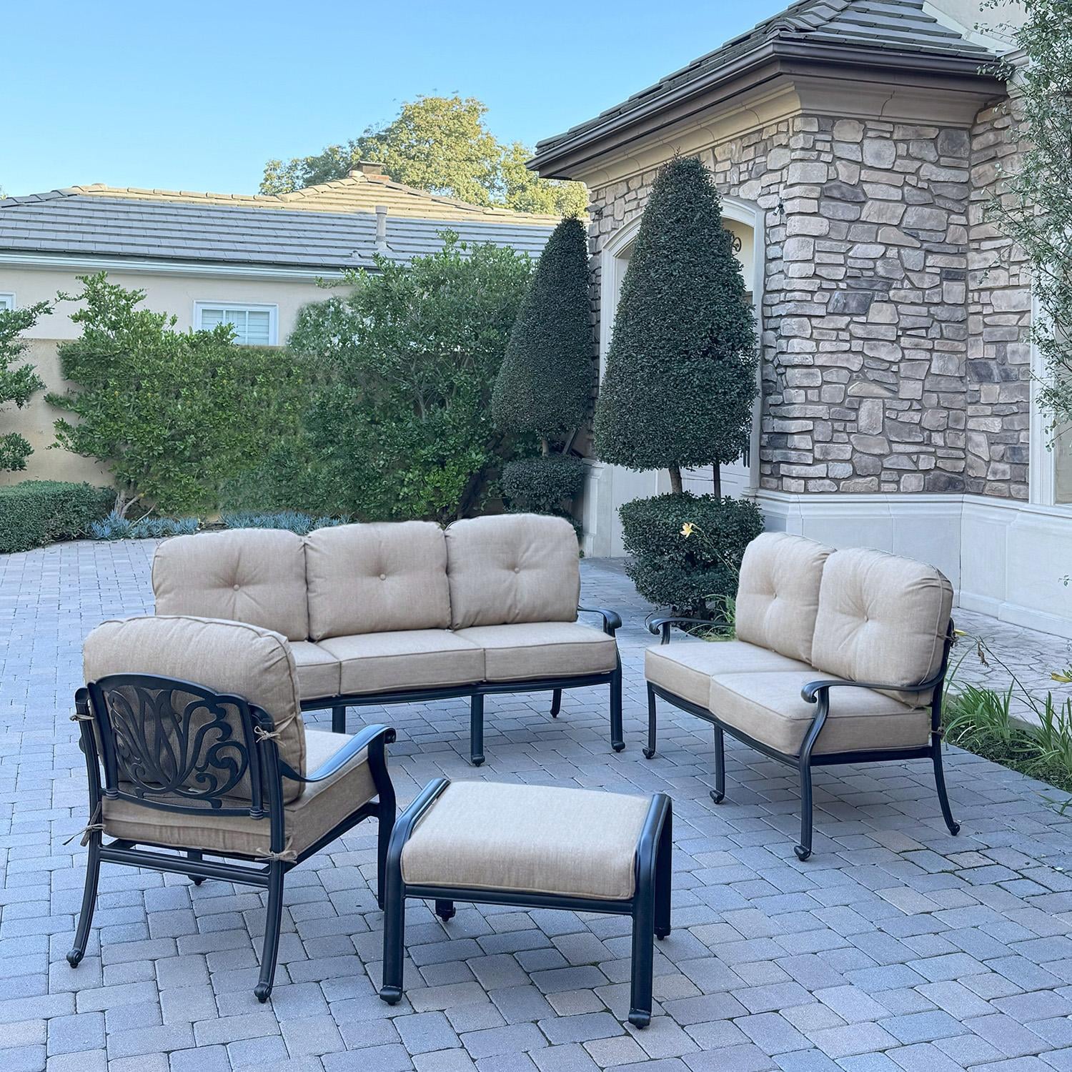 Darlee Elisabeth 5 Pc Cast Aluminum Fire Pit Seating Set w/ Loveseat, Sofa, Club Chair and Ottoman in Antique Bronze/Beige - Set w/ no Table - Lifestyle thumbnail