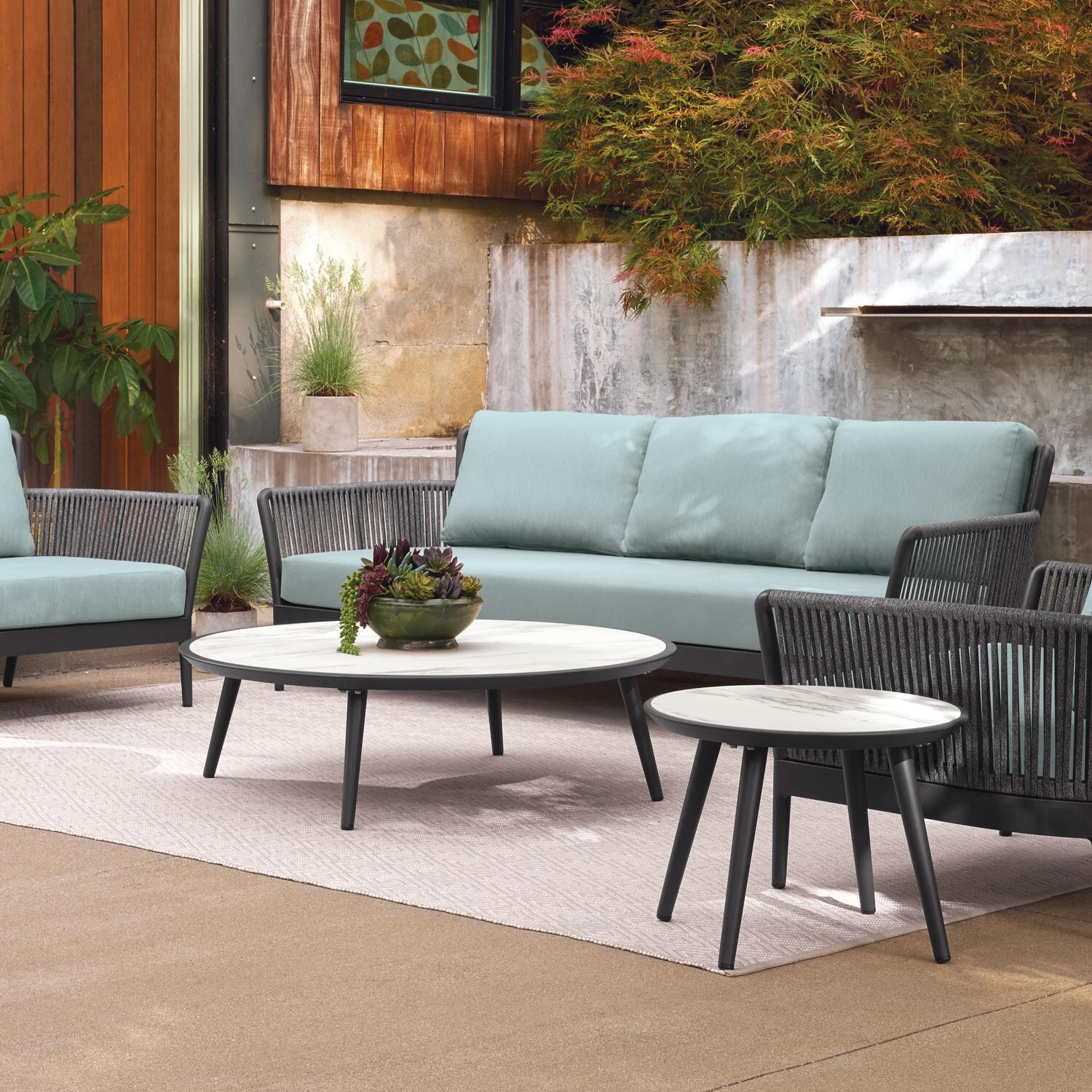Oxford Garden Nette 3 Person Olefin Rope & Aluminum Sofa in Carbon/Seafoam - Patio