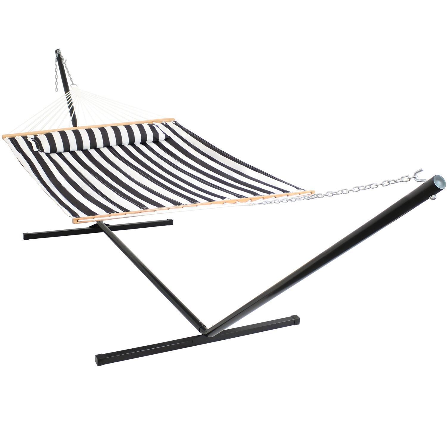 Ultimate Patio Quilted Double Hammock w/ 15-Foot Steel Beam Stand & Pillow - Black Stripe thumbnail