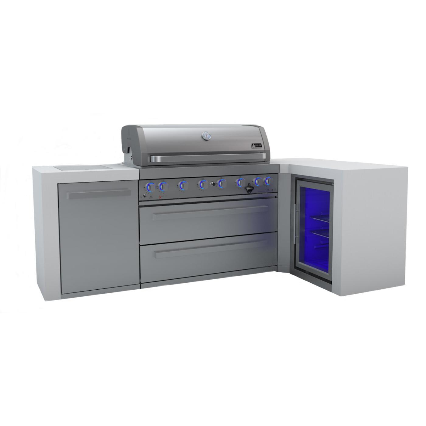 Mont Alpi 805 Deluxe 90 Degree Propane Gas Island Grill W/ Refrigerator Cabinet, Infrared Side Burner, & Rotisserie Kit - MAi805-D90FC image