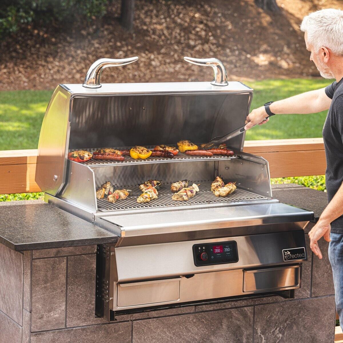 recteq RT-1300ES E-Series 1300 Built-In Wood Pellet Grill - Grilling Chicken & Sausage Shown w/ Outdoor Kitchen Island - Lifestyle thumbnail