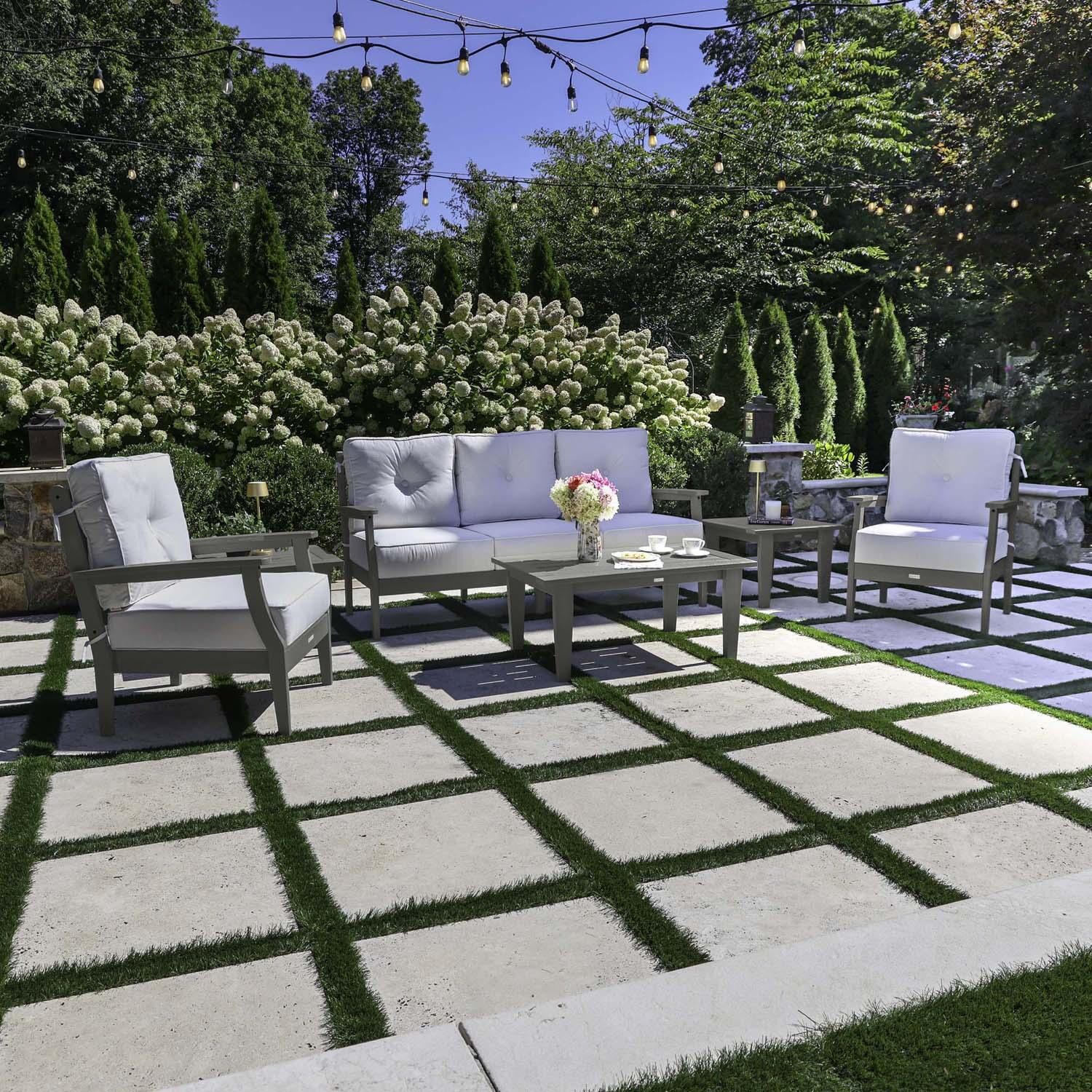 Blushing Bay 6 Pc Recycled Plastic Seating Set w/ Sofa in Bliss Linen/Coastal Teak by Lakeview Outdoor Designs