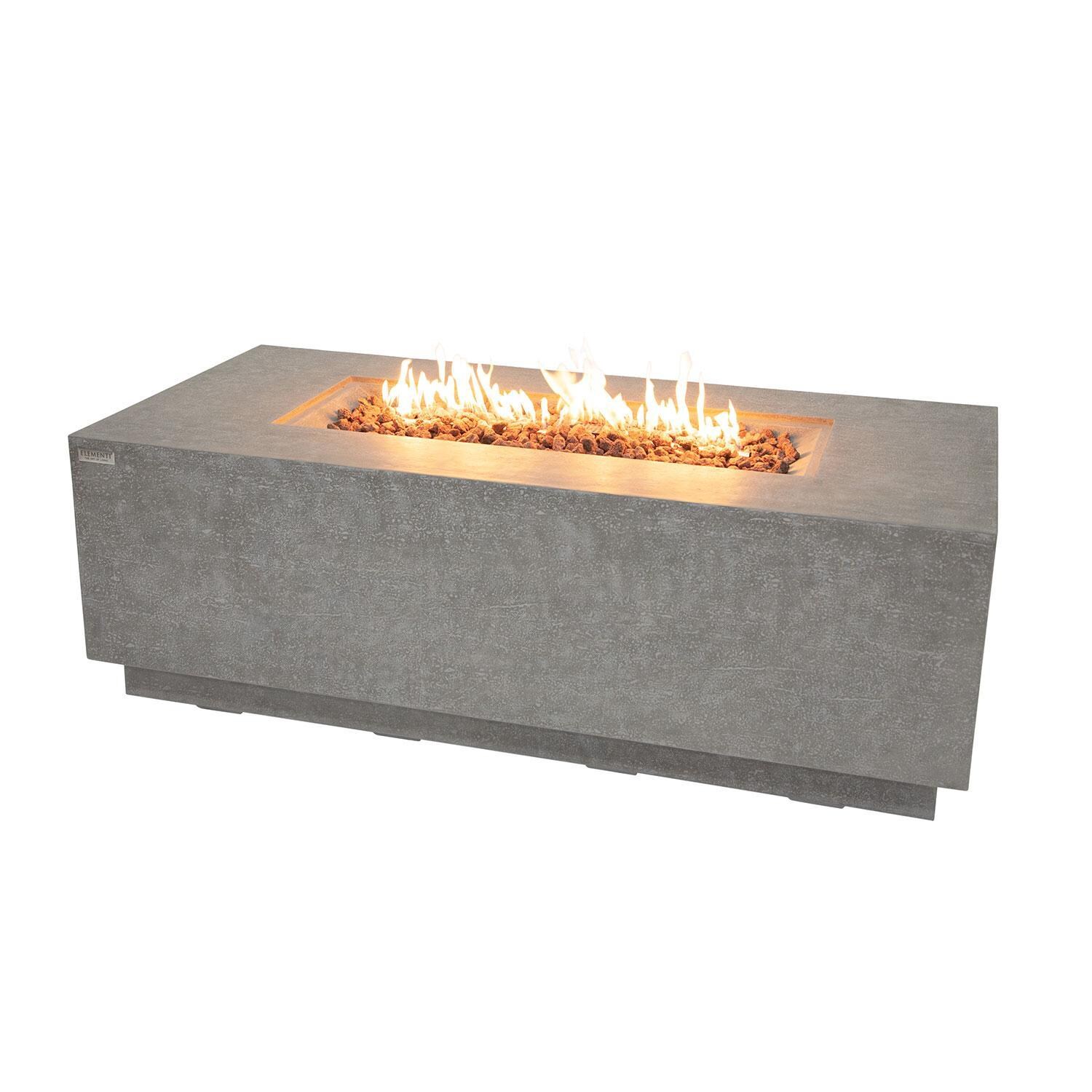 Andes 66 Inch Hidden Tank Rectangle GFRC Concrete Propane Fire Table in Light Gray By Elementi - Fire Pit On W/ Lava Rocks Insert - Side View - White Background thumbnail