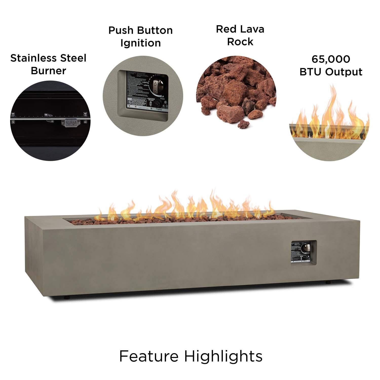 Elysian 70 Inch Rectangular Powder Coated Steel Propane Fire Pit Table in Mist Gray by Lakeview Outdoor Designs - Features thumbnail