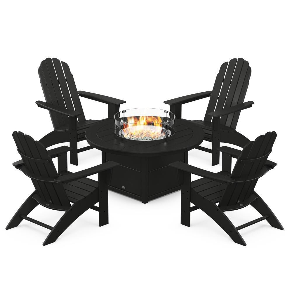 POLYWOOD Black Vineyard 5-Piece Curveback Adirondack Conversation Set w/ Fire Pit Table thumbnail