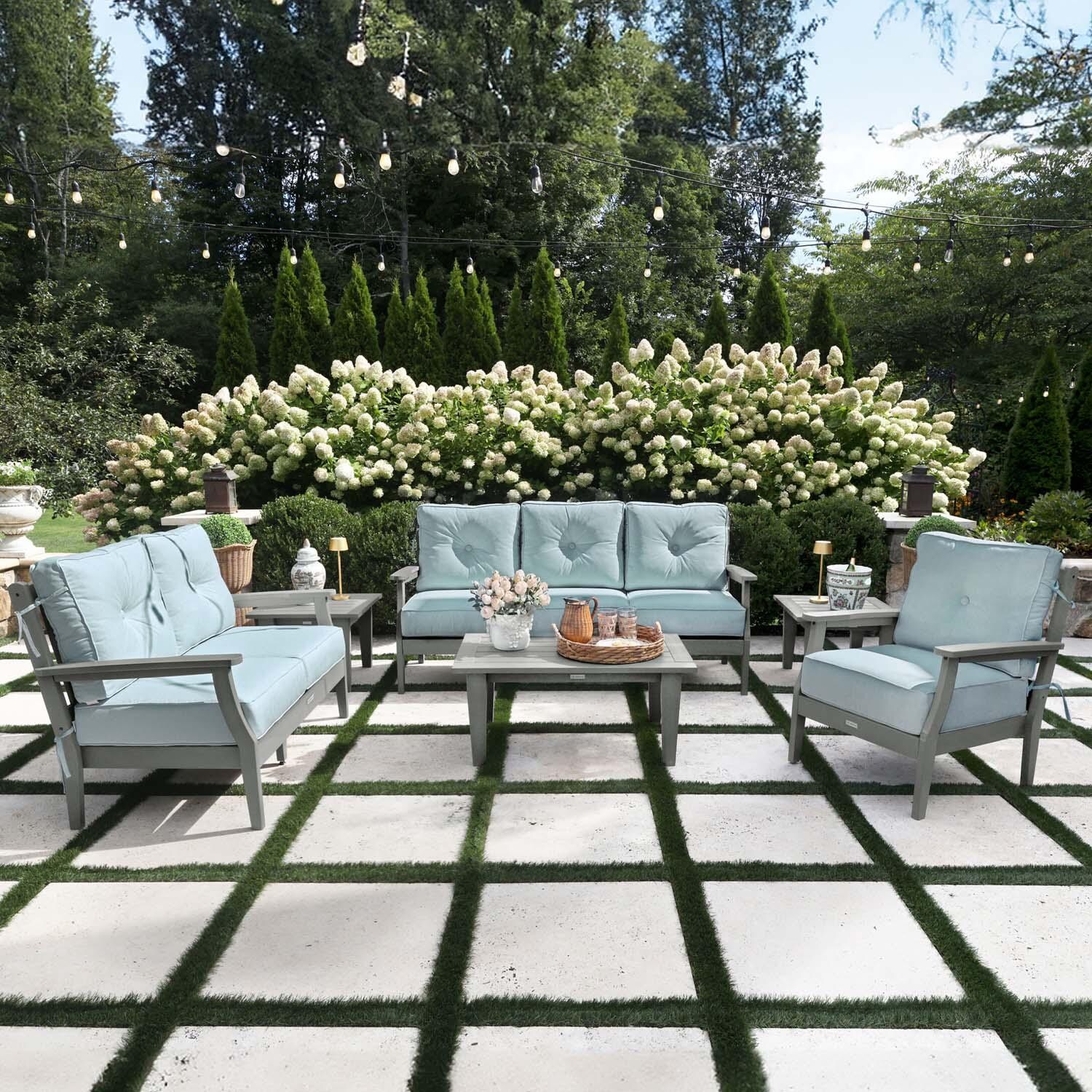 Blushing Bay 6 Pc Recycled Plastic Grand Seating Set in Bliss Dew/Coastal Teak by Lakeview Outdoor Designs - Lifestyle thumbnail