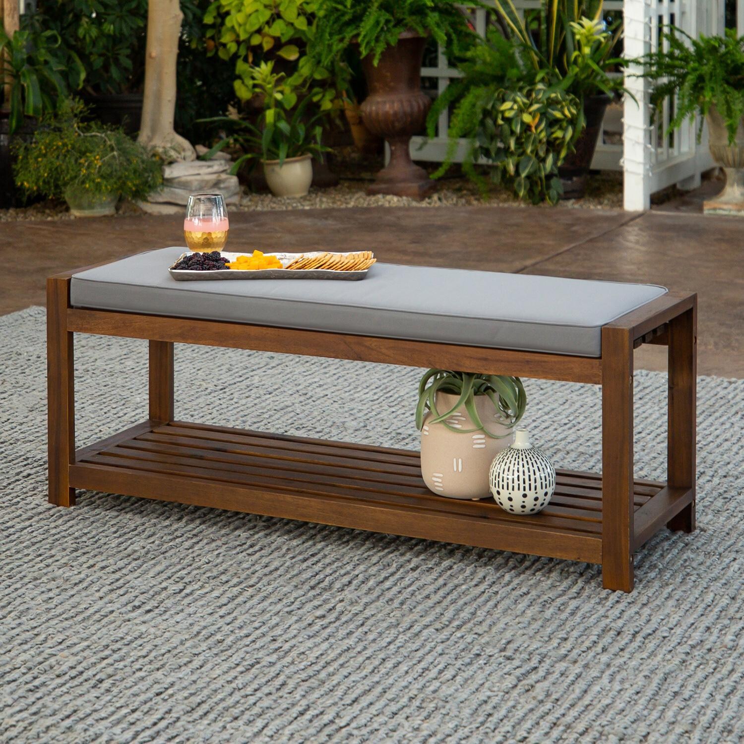 Ultimate Patio Wishlake 48 Inch Acacia Patio Bench W/ Storage Shelf & Gray Cushion - Dark Brown - Lifestyle View thumbnail