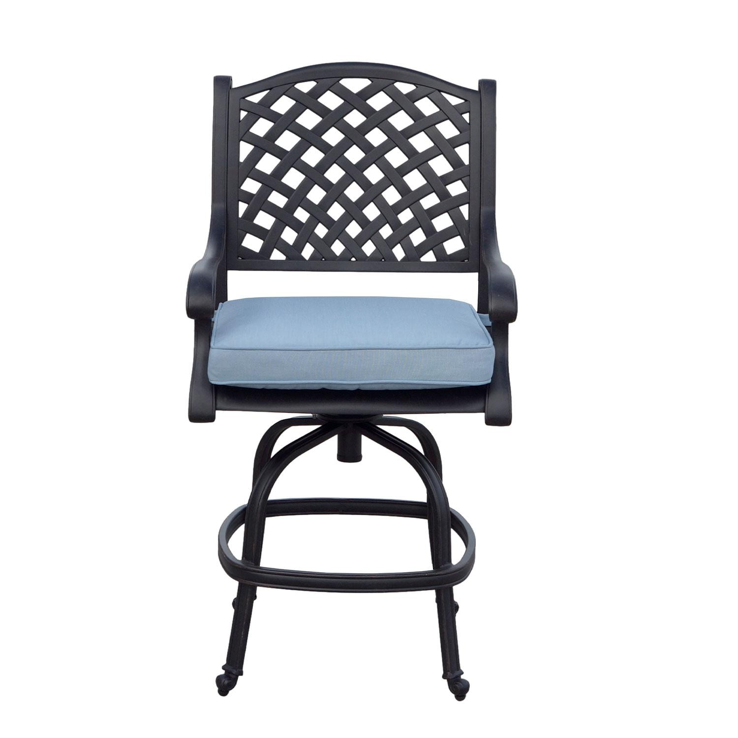 Nassau Cast Aluminum Swivel Counter Height Bar Stool in Antique Bronze/Sky Blue by Darlee - Front View - White Background thumbnail