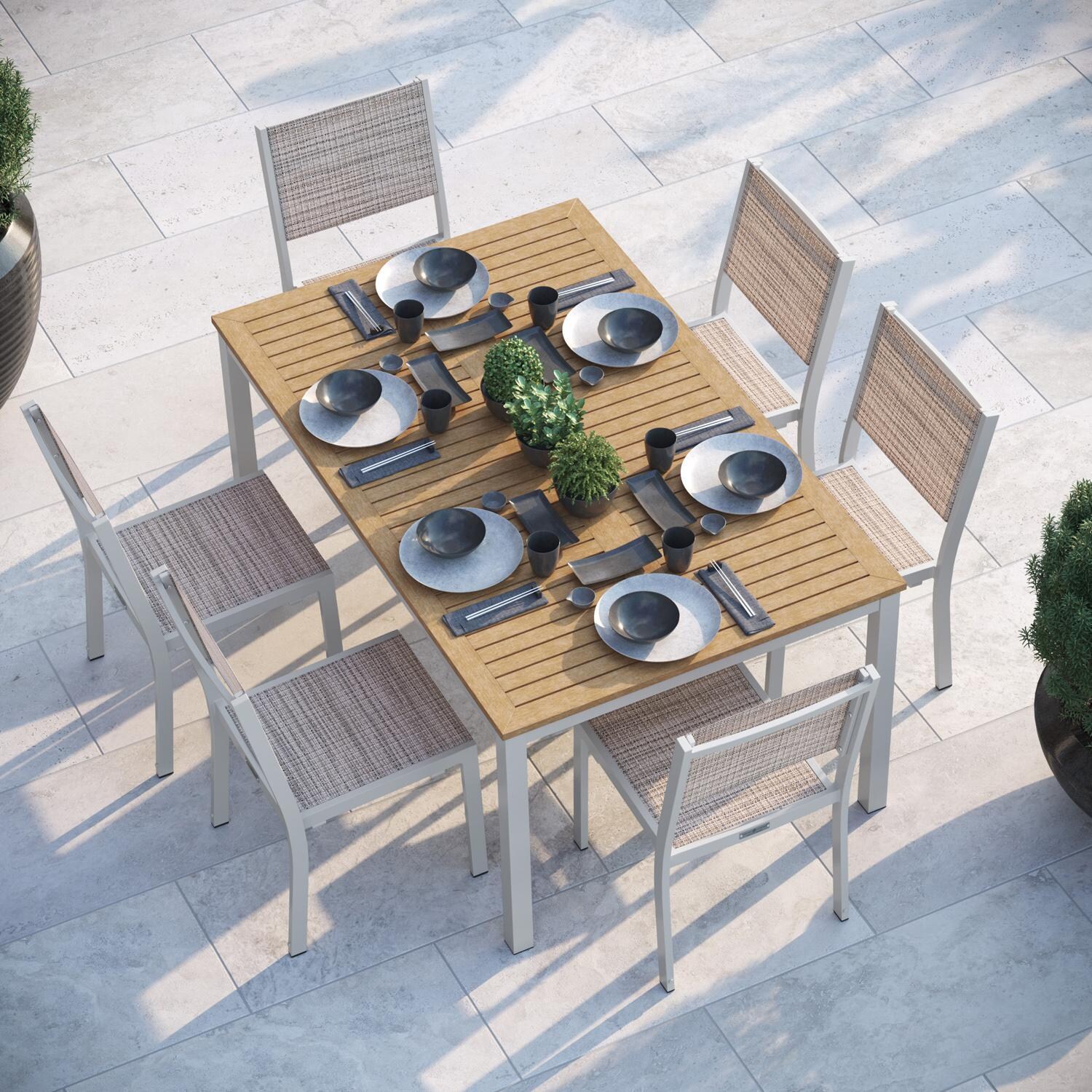Oxford Garden Travira 7 Pc Composite Sling & Aluminum Dining Set W/ Natural Tekwood in Flint/Bellows thumbnail