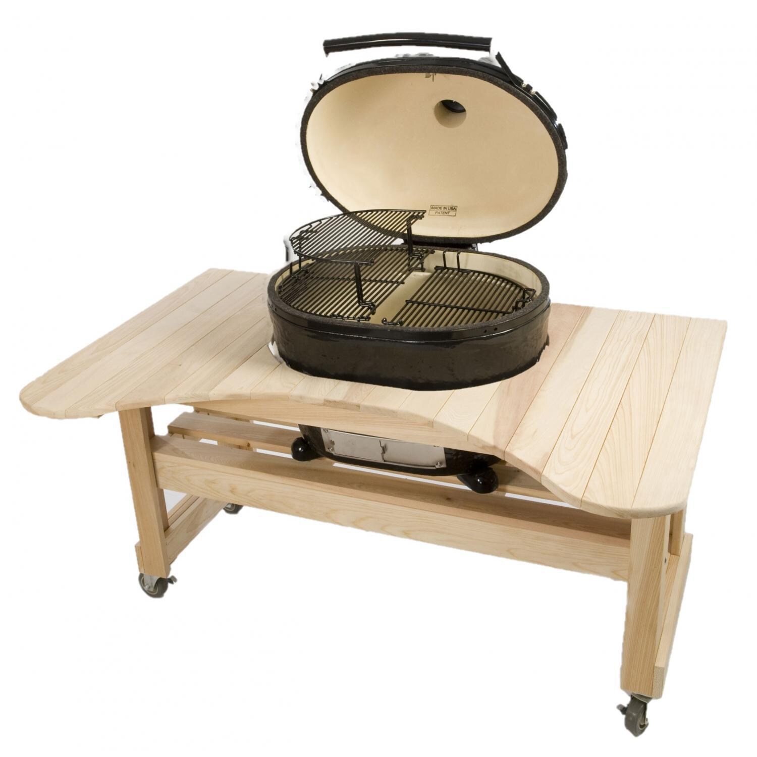 Primo PG00600 Curved Cypress Table For XL Oval Kamado - Shown With Oval XL (Grill Not Included) thumbnail