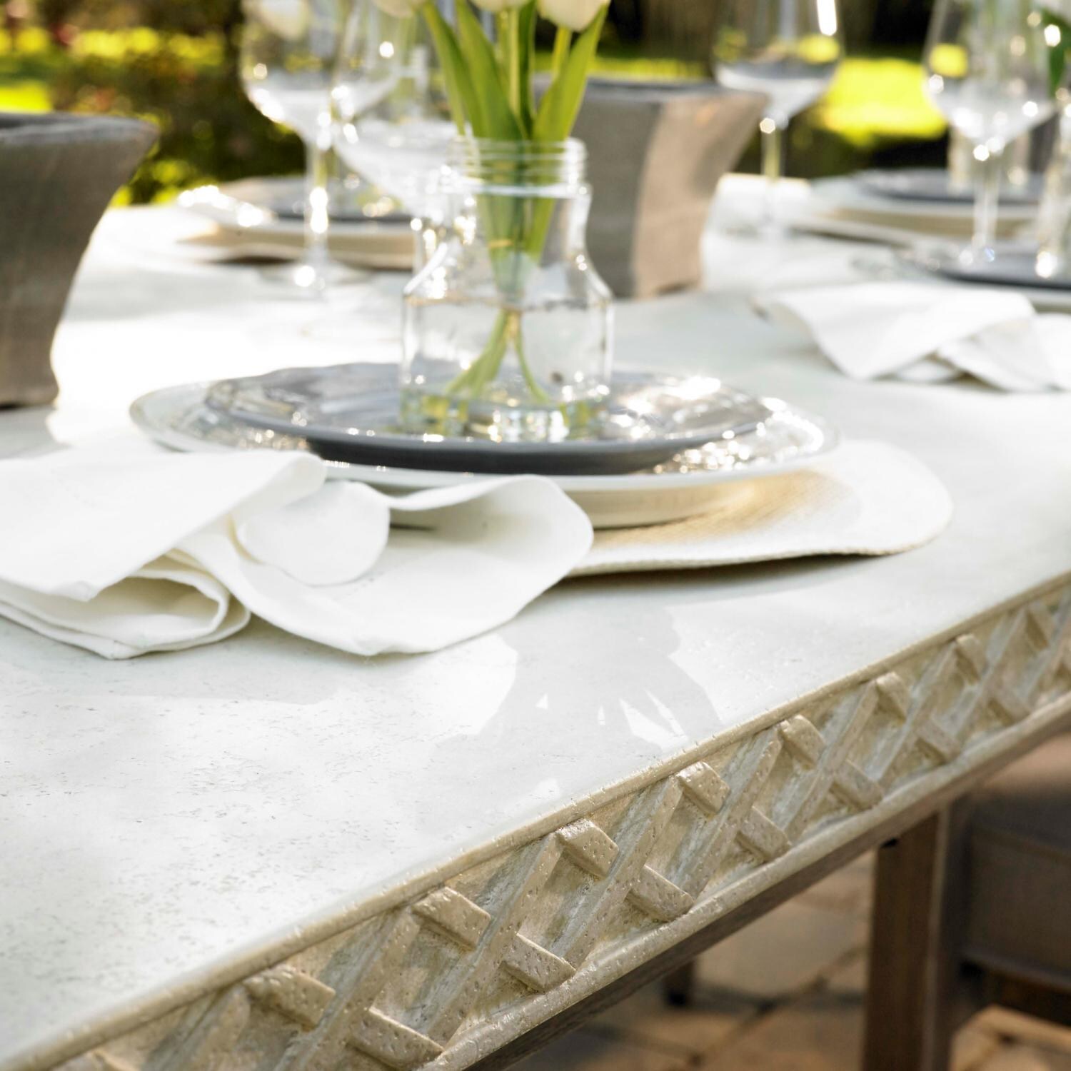 Plank & Hide Pelham Cast Aluminum 84 X 42 Inch Rectangular Patio Dining Table - Tabletop Carving Detail thumbnail