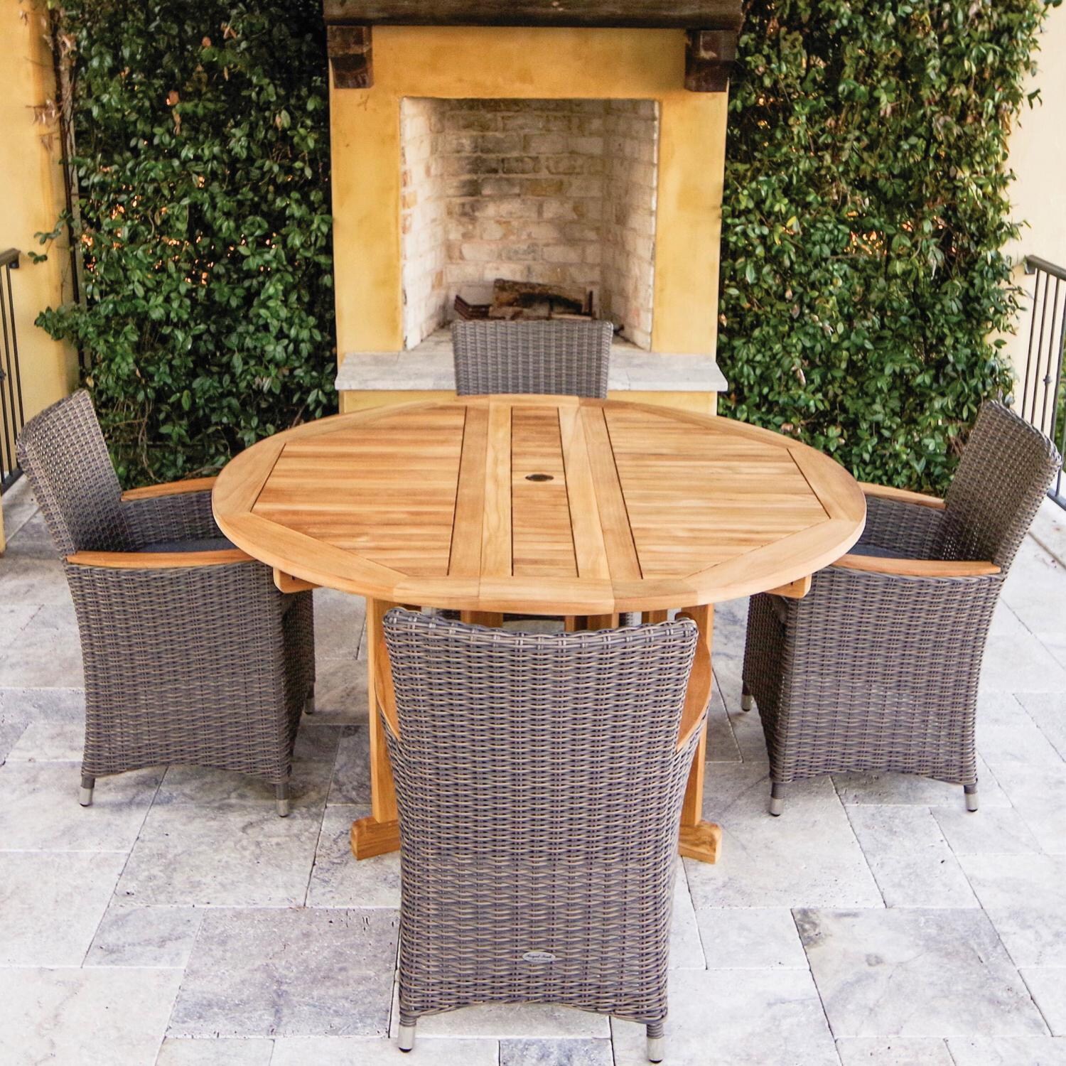 Royal Teak Collection 5 Piece Helena Wicker Patio Dining Set With 60 Inch Round Drop Leaf Table - Gray Wicker thumbnail