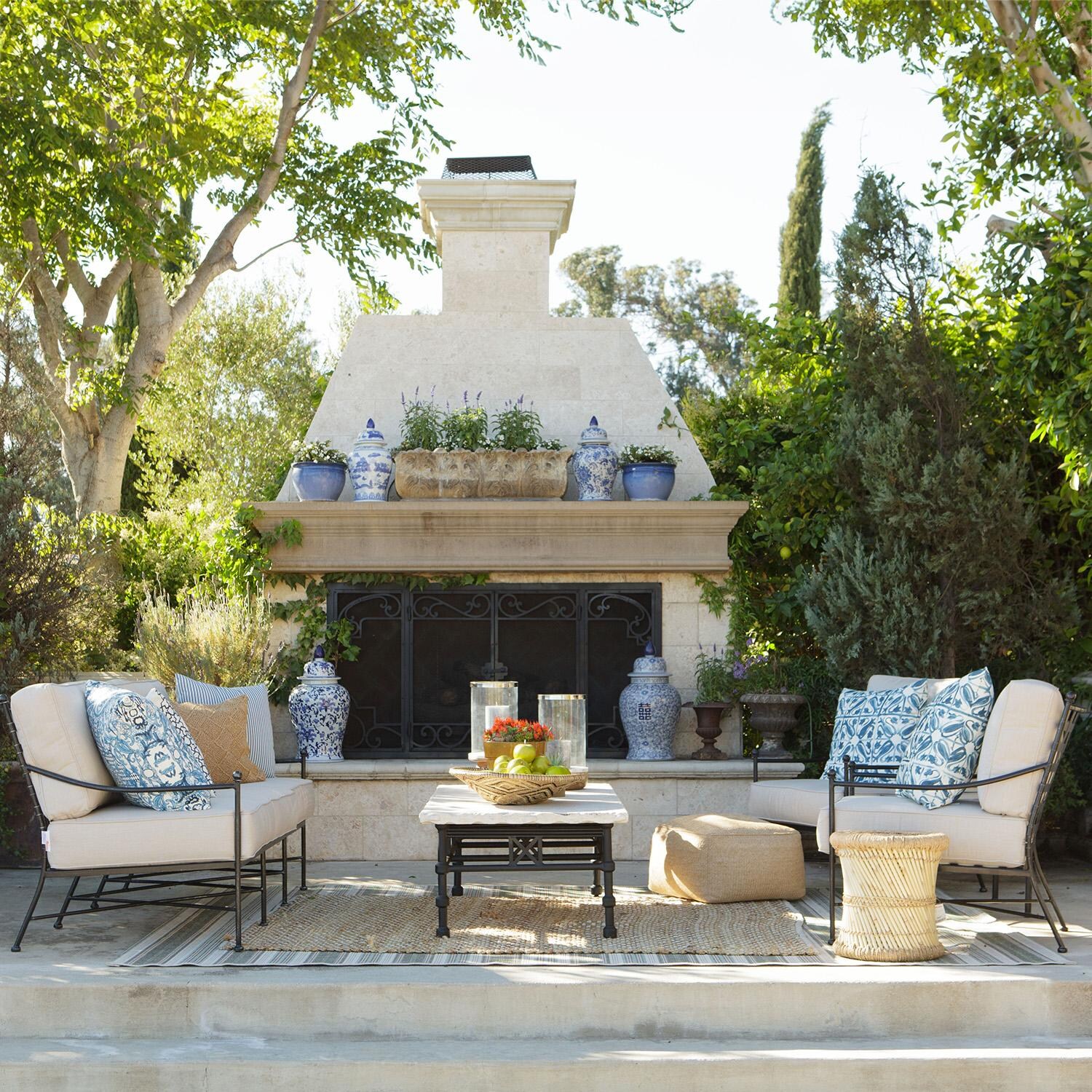 Provence 3 Pc Wrought Iron Seating Set W/Sunbrella Canvas Flax Cushions in Century Pewter By Sunset West - Lifestyle thumbnail