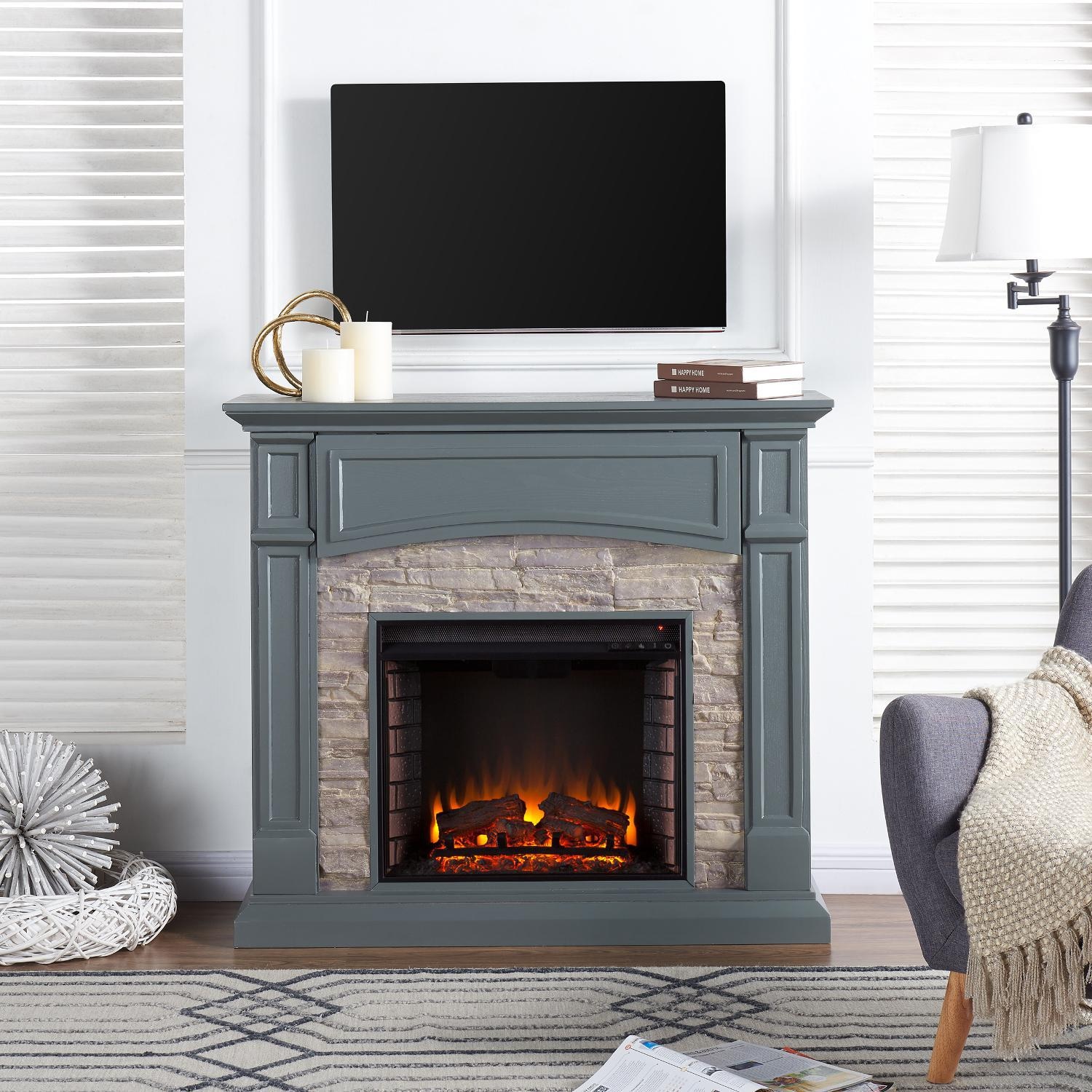 Southern Enterprises Seneca 45-Inch Electric Fireplace Mantel Package - Cool Slate Gray W/ Weathered Faux Stone - FE9364