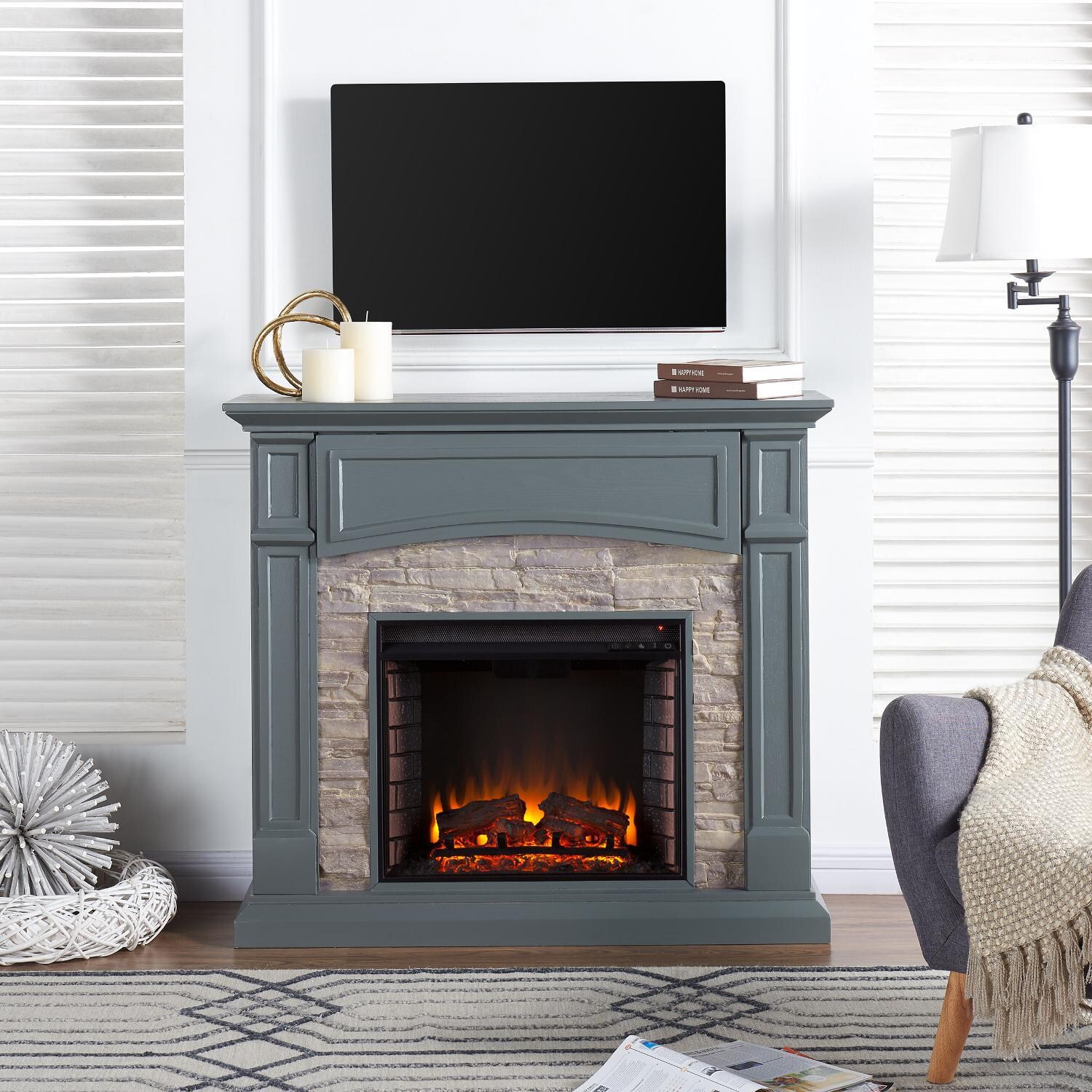 Southern Enterprises Seneca 45-Inch Electric Fireplace Mantel - Cool Slate Gray W/ Weathered Faux Stone - FE9364 thumbnail